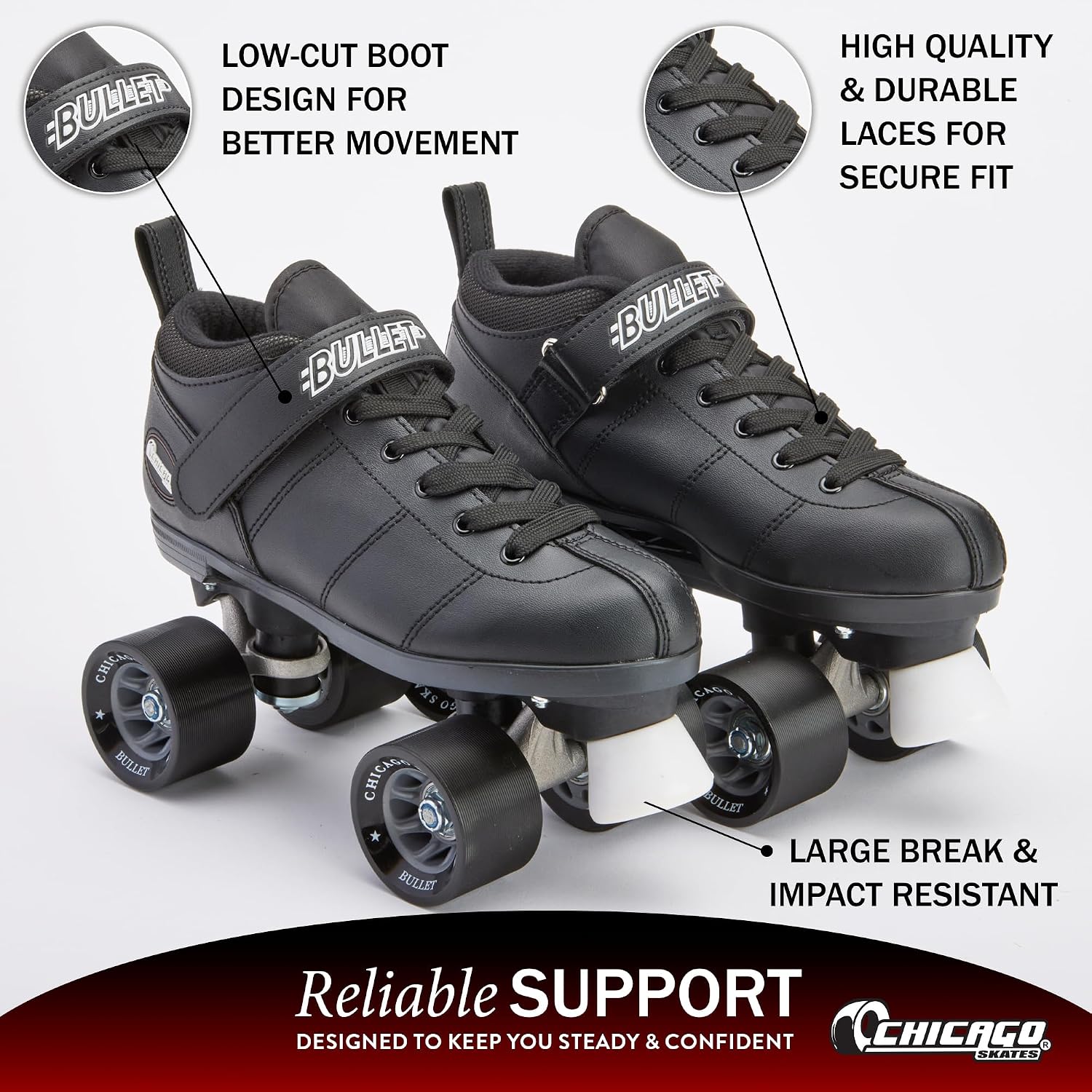 Chicago Skates Bullet Speed Roller Skates – Adjustable Quad Roller Skates Women Men, Durable Skates, Top Performance with Front Stopper, 62mm Urethane Wheels, Low-Cut Ankle Boot, Indoor Outdoor Toys