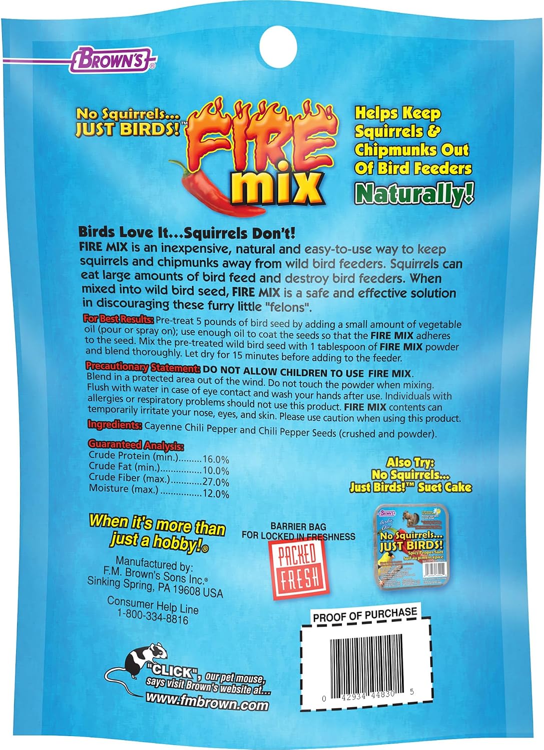 F.M. Browns Fire Mix with Chili Pepper. Wild Bird Feeder Squirrel and Chipmunk Deterrant. 4oz.