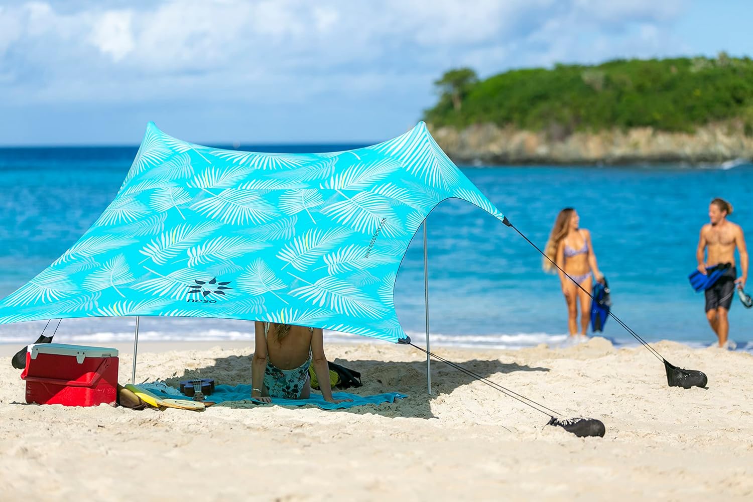 Neso Portable Beach Tent Sun Shelter with Sand Anchor - Lightweight Beach Shade Canopy - Easy Setup for Family Outings - Patented Reinforced Corners - UPF 50+ Sun Protection - 7 x 7ft - White