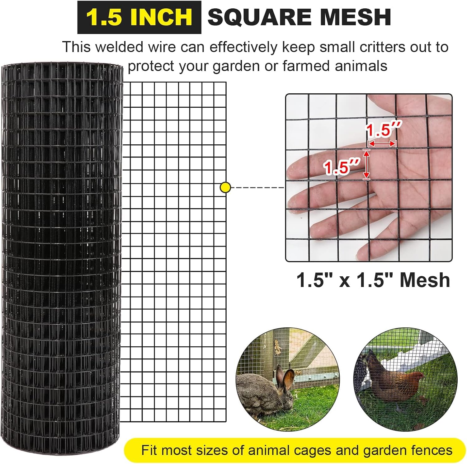 36'' x 50' 1.5inch Hardware Cloth 16 Gauge Black Vinyl Coated Welded Fence Mesh for Home and Garden Fence and Home Improvement Project (36'' x 50')
