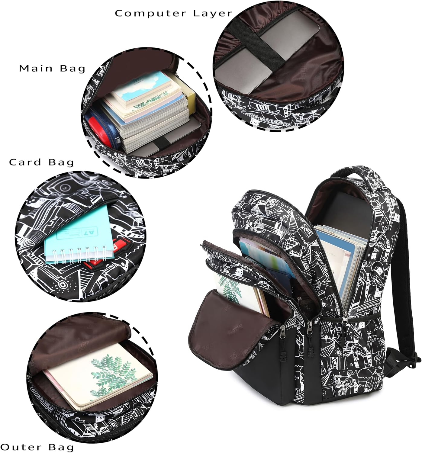Asge Large Nylon Backpacks for Boys & Girls, Waterproof Satchel with Print, School Bags for 8-16 Years