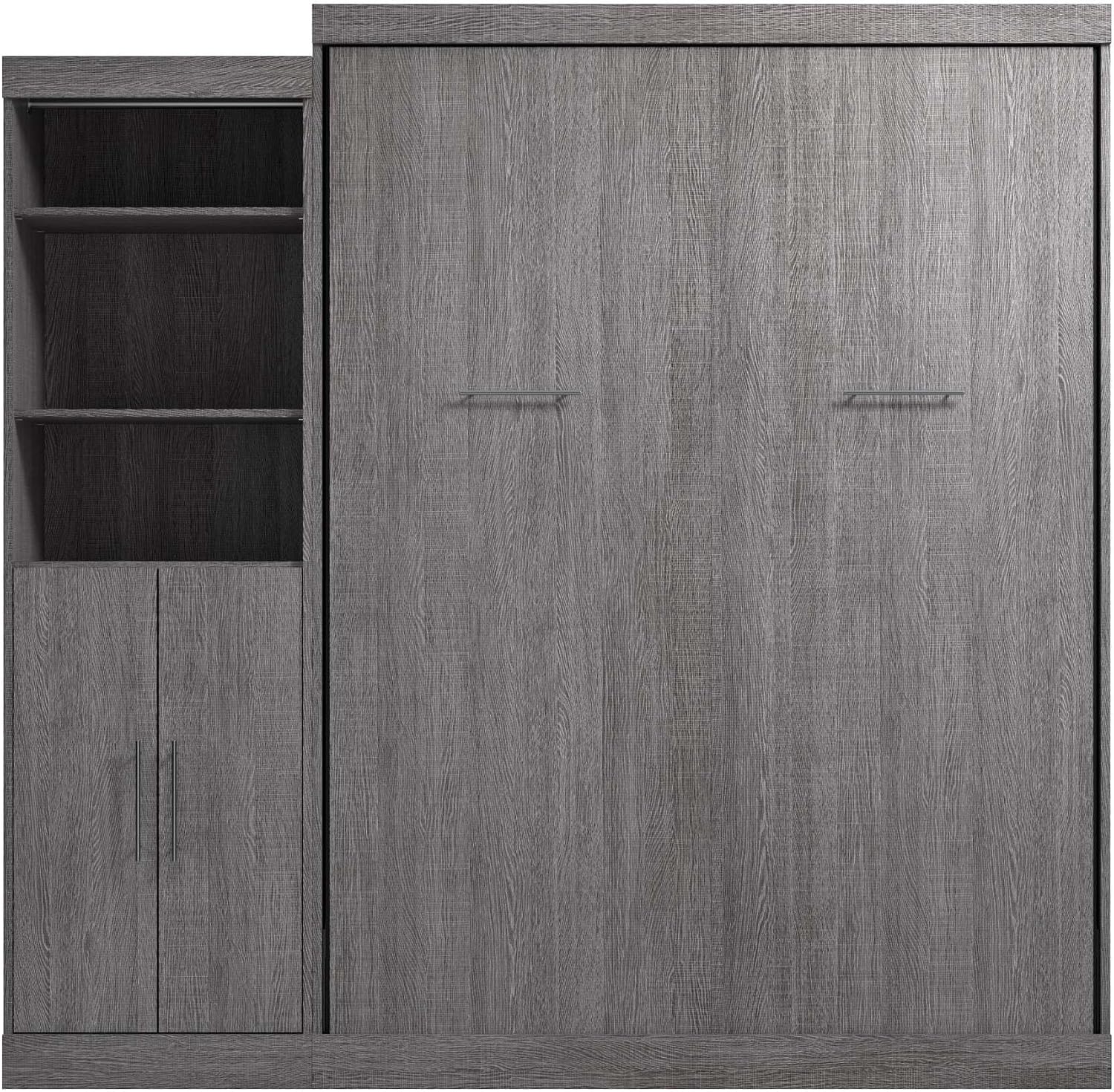 Bestar Nebula Queen Murphy Bed with Closet Organizer with Doors (90W) in Bark Gray, Sleeping Arrangement and Wardrobe for Multipurpose Room