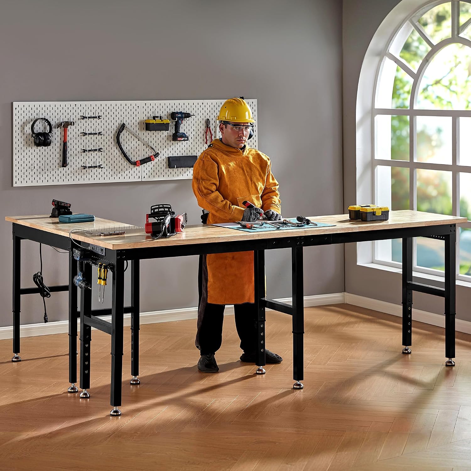 Albott 44 x 20-Inch Adjustable Workbench | 2000 Lbs Capacity, Solid Rubber Wood Top, Power Outlets and Hooks, for Garage, Workshop and Home Office, Black