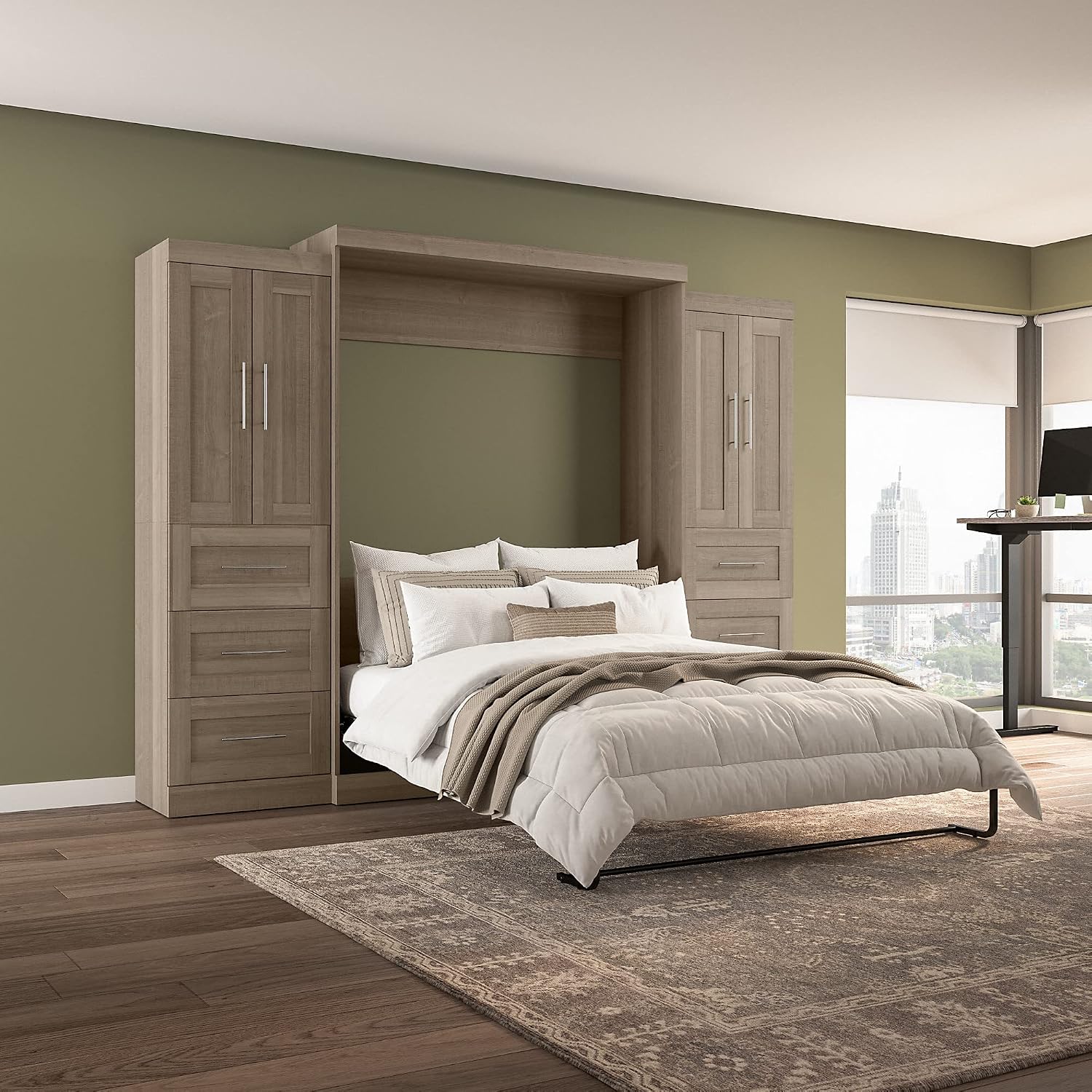 Bestar Pur Full Murphy Bed and 2 Shelving Units with Drawers, 109-inch Space-Saving Sleeping Arrangement in White | 2 Shelving Units with Drawers; supports up to 1000 lb; min. ceiling height 86.4 in.; dual piston mechanism; 10-year warranty