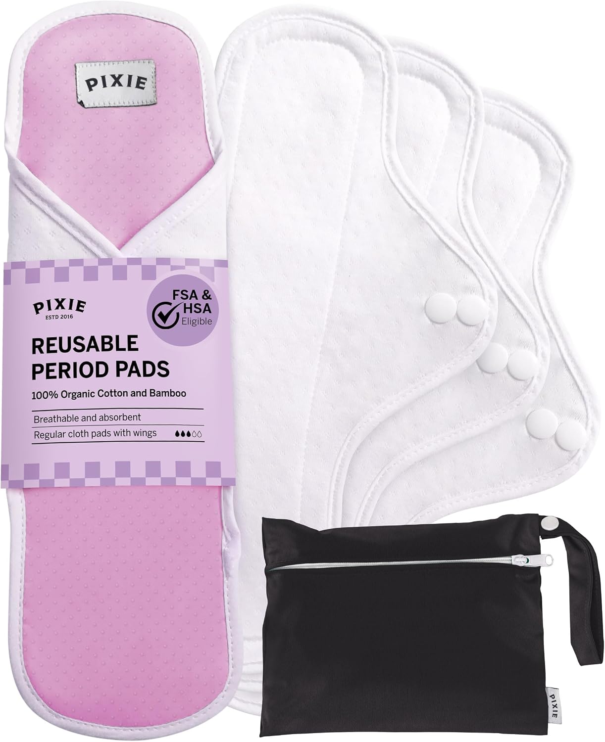 Pixie Cotton Cloth Pads for Feminine Care - 100% Organic Reusable Pads - Ranked 1 for Softest Menstrual Sanitary Napkins - Machine Washable & Includes Free Wet Bag - Menstrual Liner (Regular)