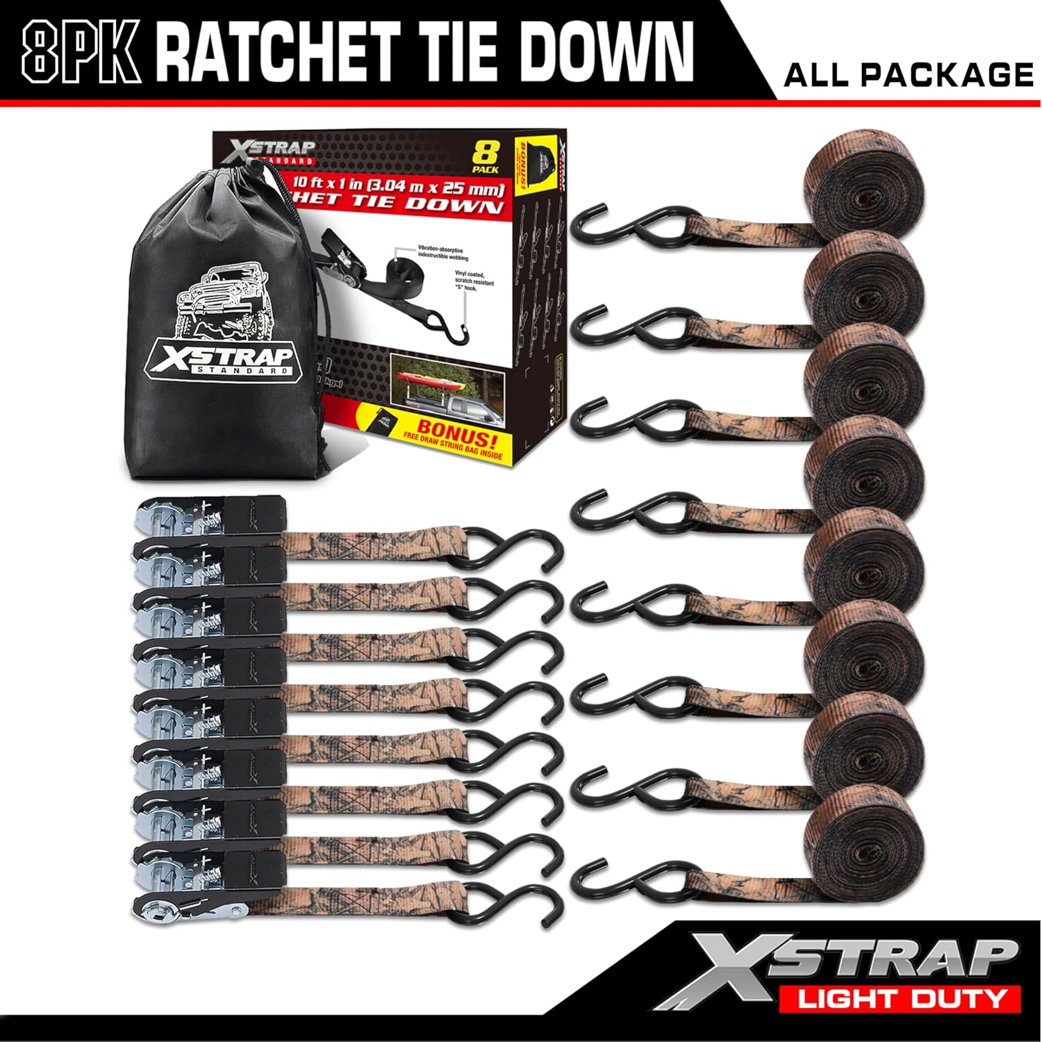 XSTRAP STANDARD 8-PK Ratchet Tie Down Straps, 1" x 10ft Cargo Strap, Yellow
