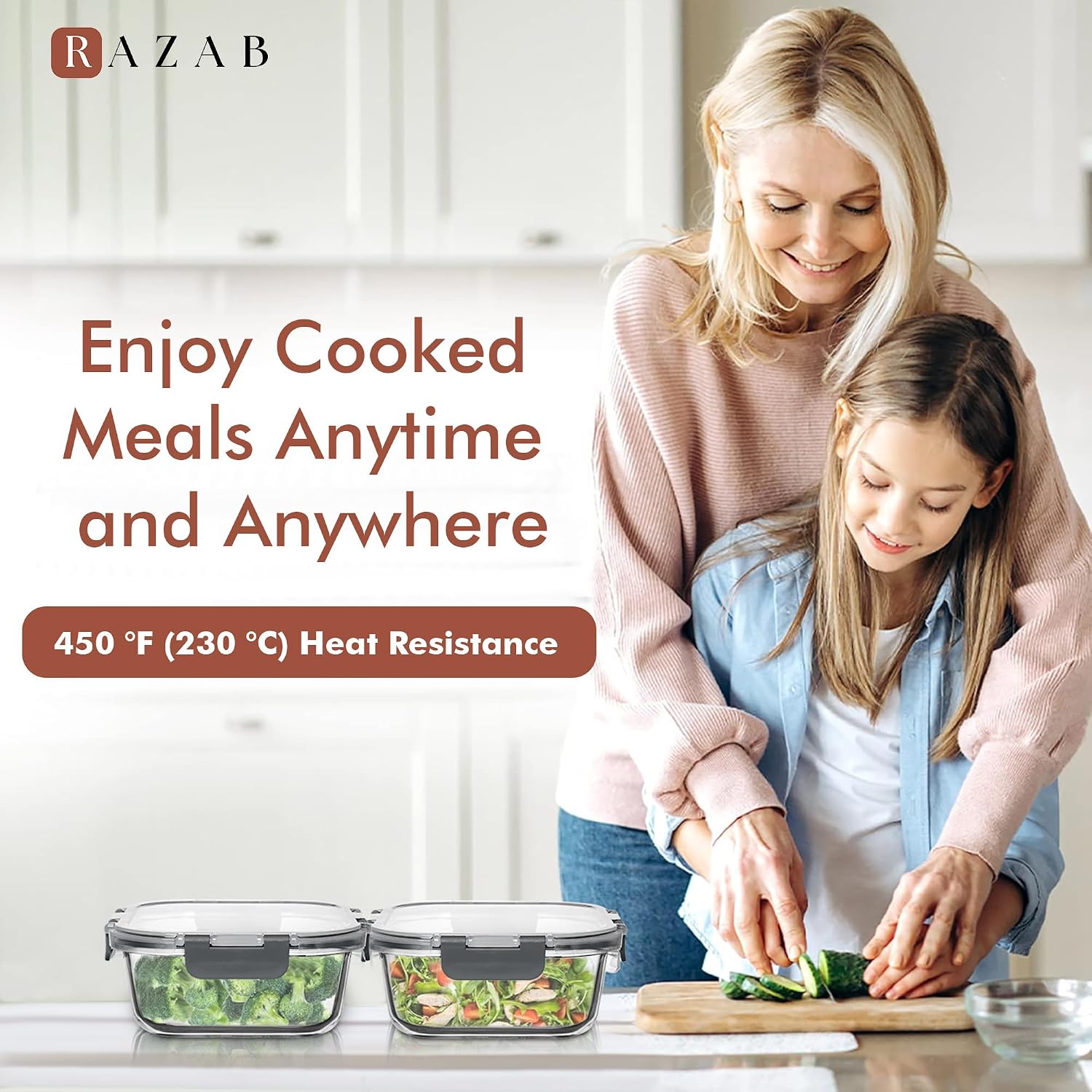 Razab 2 PC 1200ML / 41 Oz Glass Food Storage Containers with Lids - Airtight & Leakproof - Microwave/Oven/Freezer Safe - BPA Free - Ideal for Meal