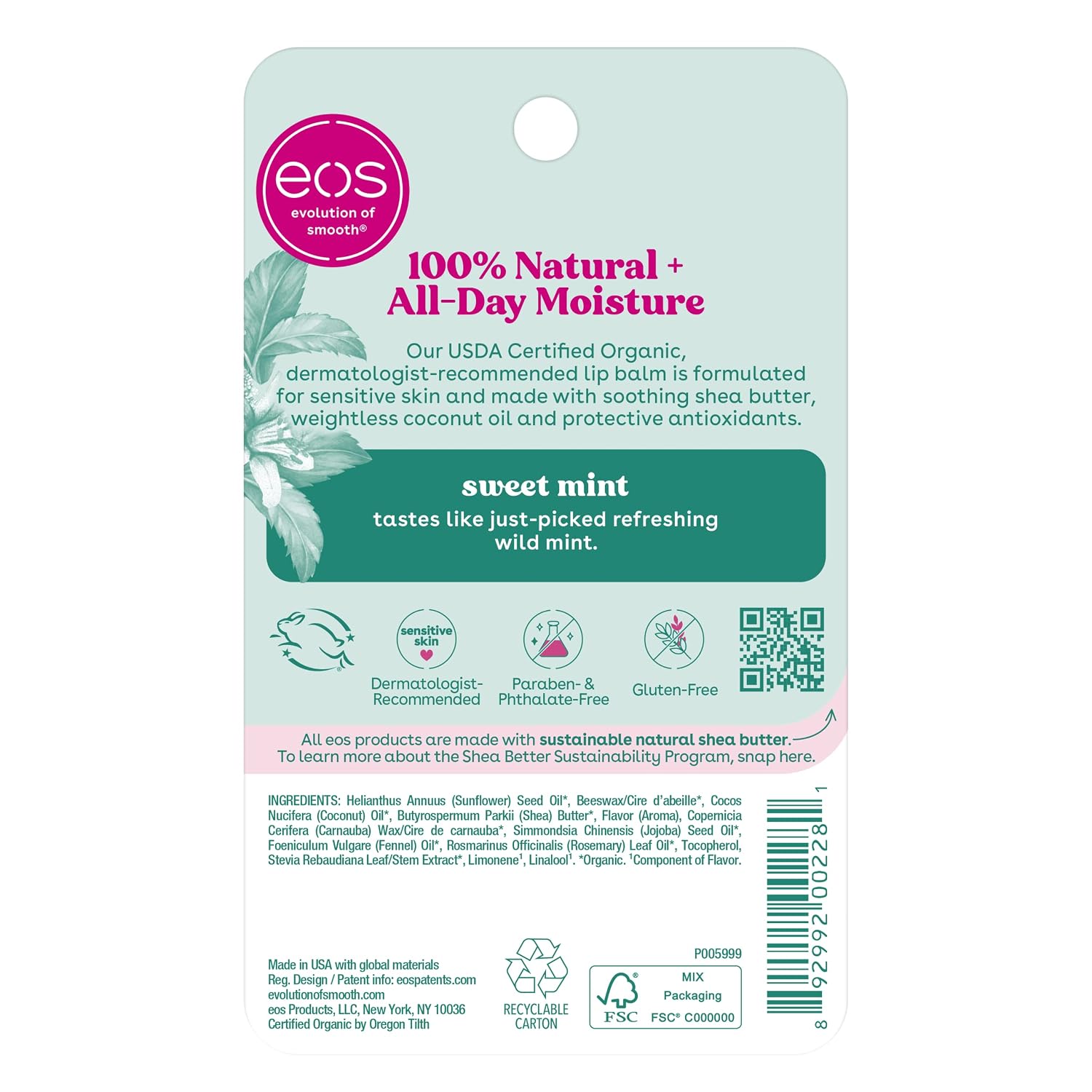 eos 100% Natural & Organic Lip Balm - Strawberry Sorbet, All-Day Moisture, Dermatologist Recommended for Sensitive Skin Care, Lip Care Products, 0.25 oz