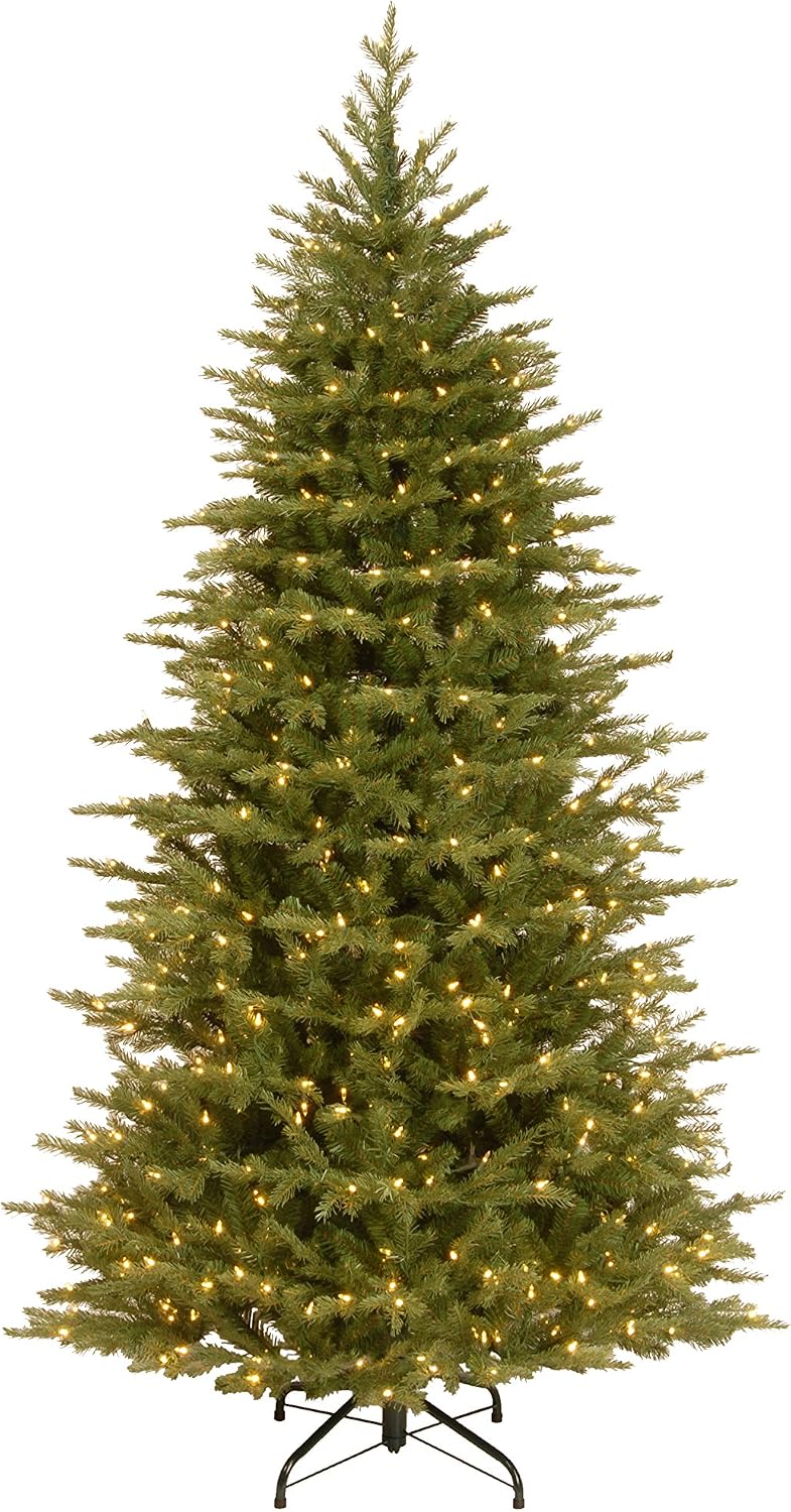 National Tree Company 7.5ft Pre-Lit Nordic Spruce Slim Christmas Tree | 600 LED Lights, 3, 268 Tips, 10 Light Functions, Foot Pedal, Includes Stand