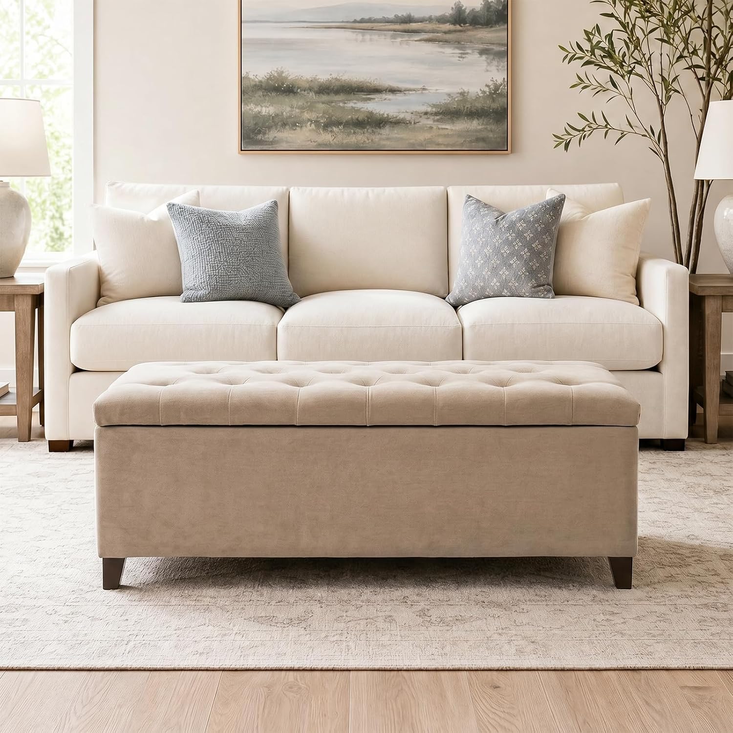 Madison Park 49" Upholstered Storage Bench, Button Tufted End of Bed Bench with Storage, Dual Spring Soft-Close Lid, Bedroom Bench for Queen King Bed, Entryway Living Room, Grey