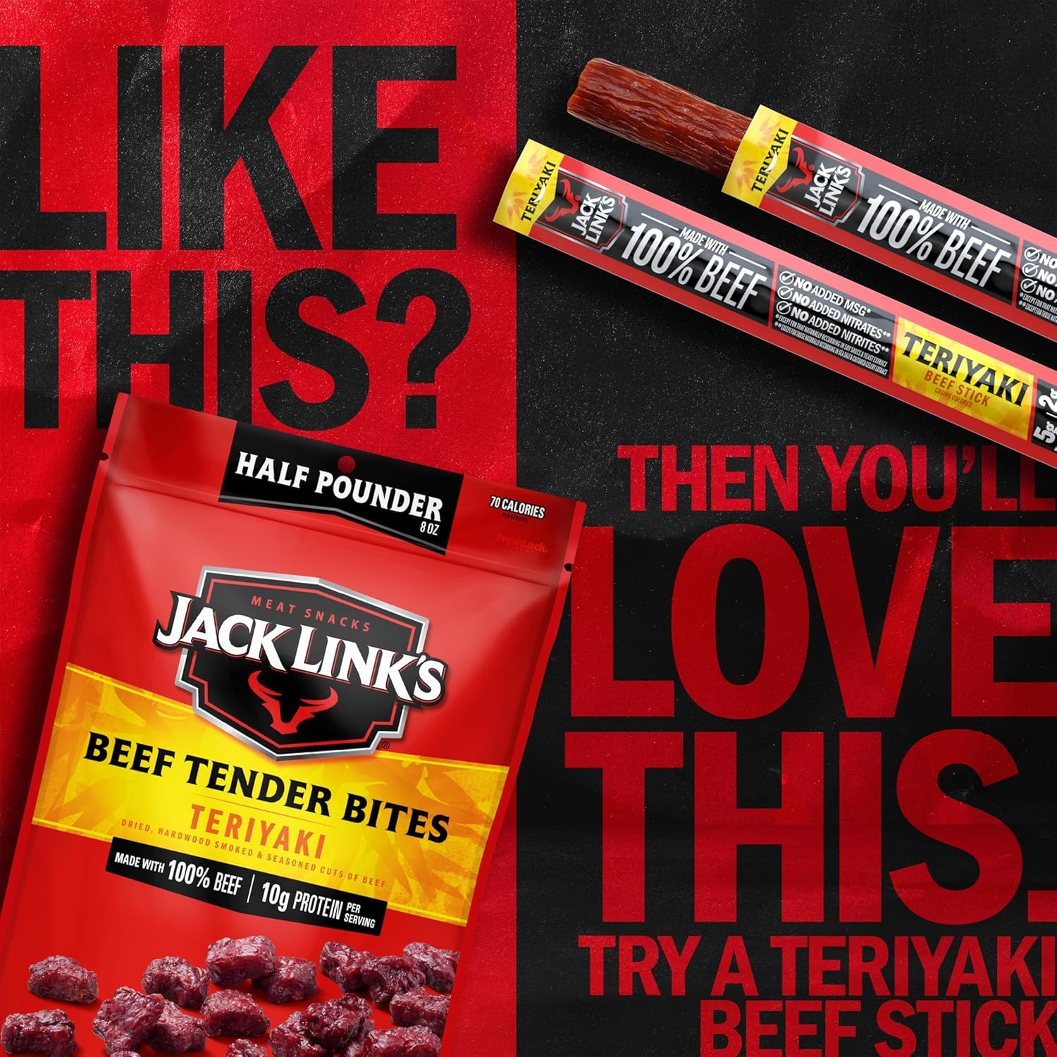 Jack Link's Teriyaki Beef Tender Bites - 8 oz Bag - Ready to Eat Real Meat Protein Snacks - 10g Protein per Serving - Made with 100% Real Beef