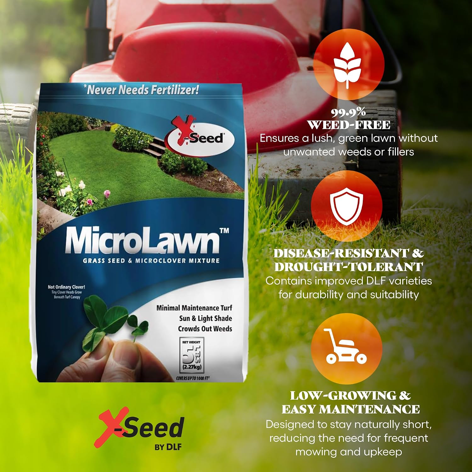 X-Seed Microlawn Grass Seed & Microclover Mix – Dense Self Feeding Lawn, Sun & Shade, Crowds Out Weeds, High Traffic, Drought-Resistant, 5 lb Bag