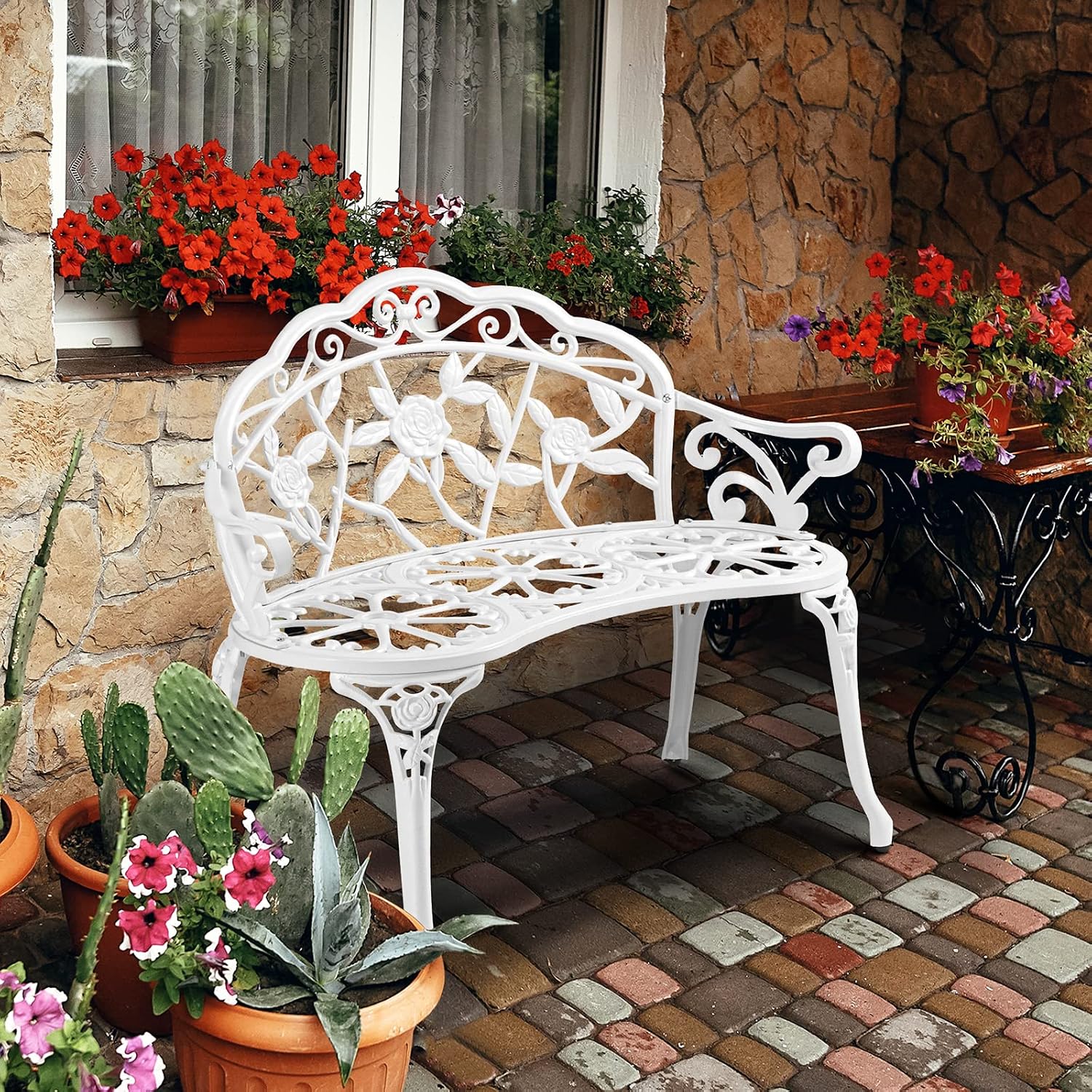 VINGLI 38.5" Patio Park Garden Outdoor Metal Rose Bench, 2-Person Cast Iron Cast Aluminium Frame Antique Finish Chair,Accented Lawn Front Porch Path Yard Decor Deck Furniture (Bronze, Rose)
