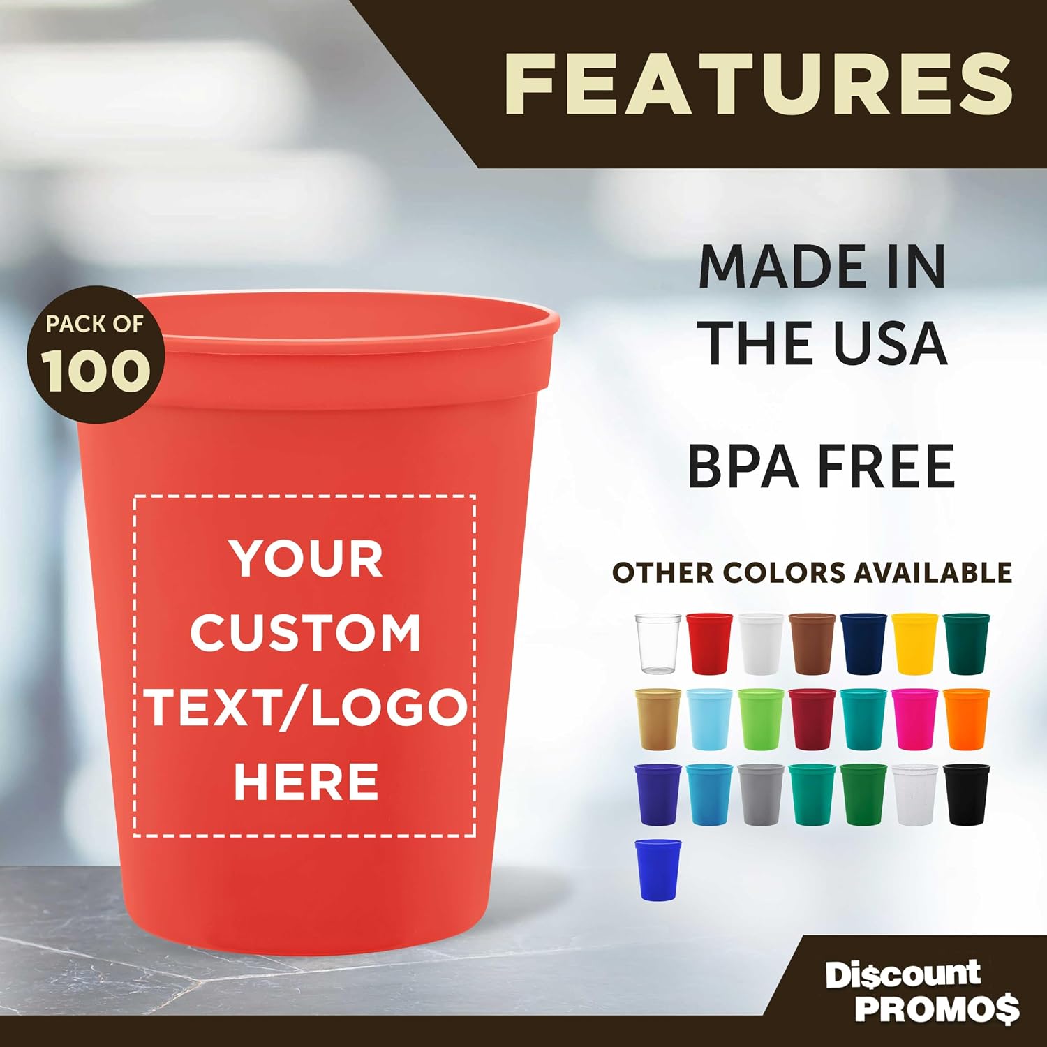 DISCOUNT PROMOS Custom Plastic Stadium Cups 16 oz. Set of 10/50/100, Personalized Bulk Pack - Perfect for Birthdays, Weddings, Picnic, Beach
