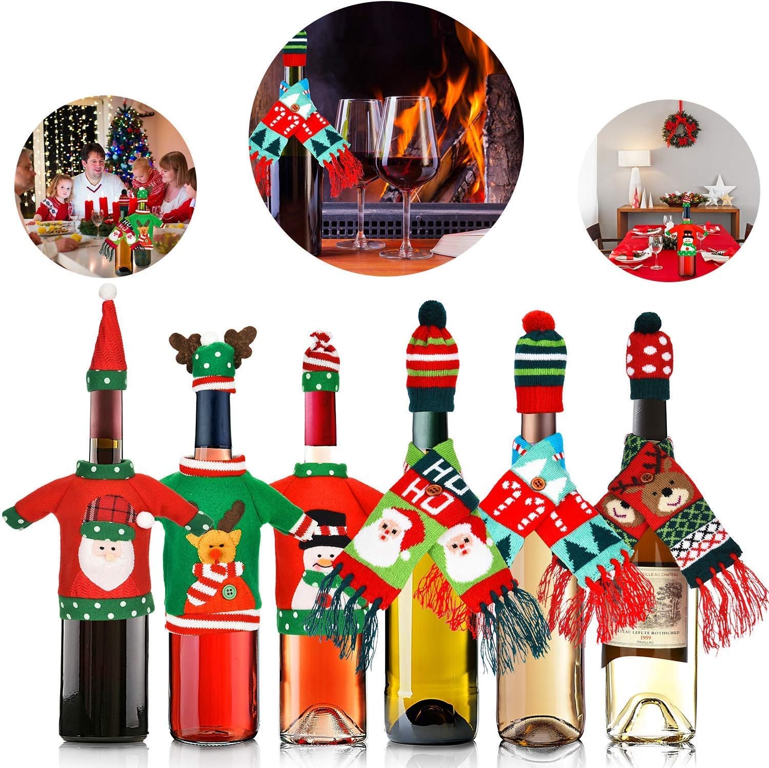 BALANSOHO 12 Pcs Christmas Ugly Sweater Wine Bottle Covers for Wine Bottles Cute Scarves Hats Cover Party Decor Table Decorations