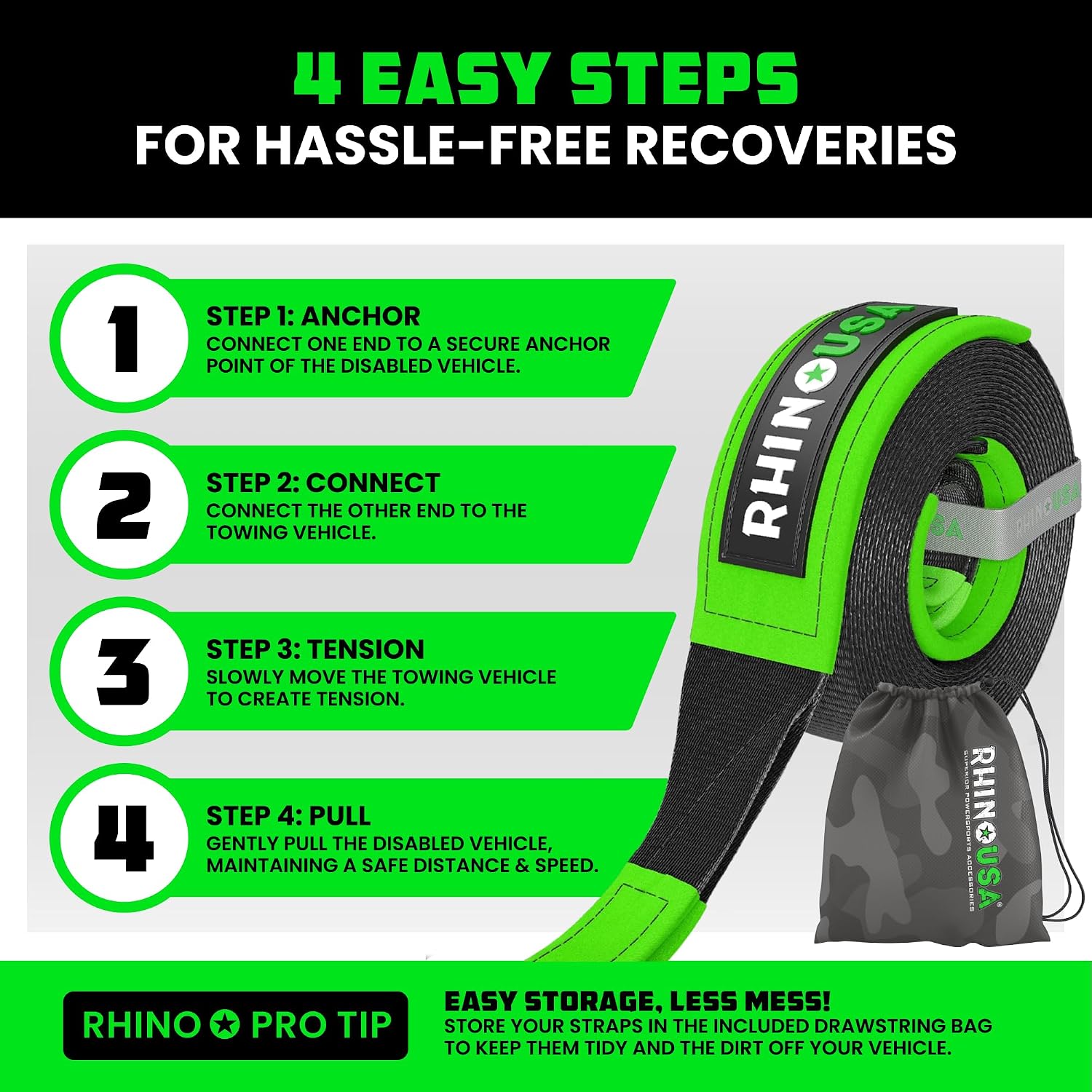 Rhino USA Recovery Tow Strap (3in x 30ft) - 31,518lb Heavy Duty Towing | 31,518lb Break Strength Emergency Tow Strap, Extended 30ft Length. For Truck, UTV, ATV & Jeep Offroad Recovery. Black