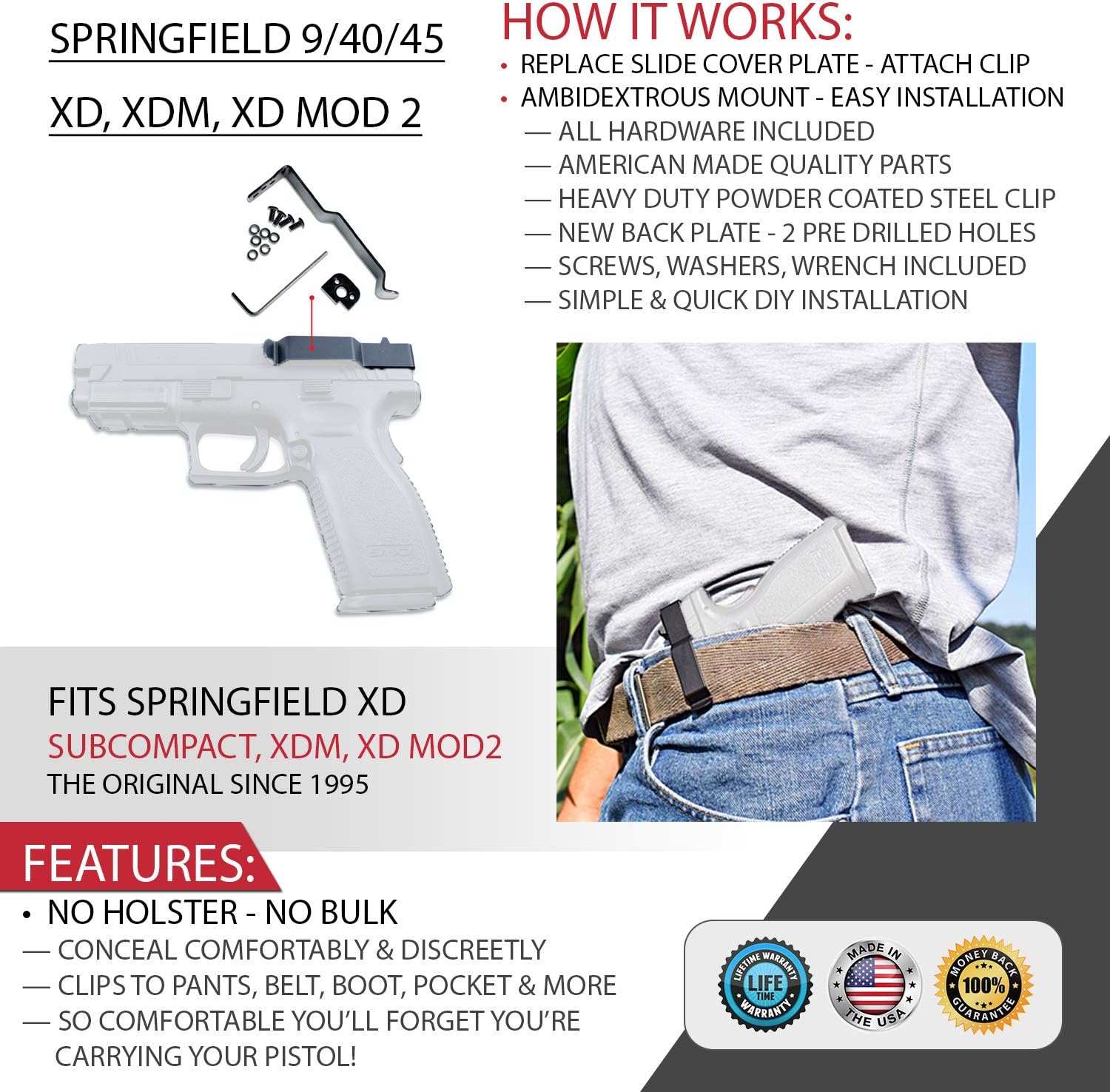 ClipDraw Gun Clip, Low Profile Slim Concealed Carry Easy Install American Made
