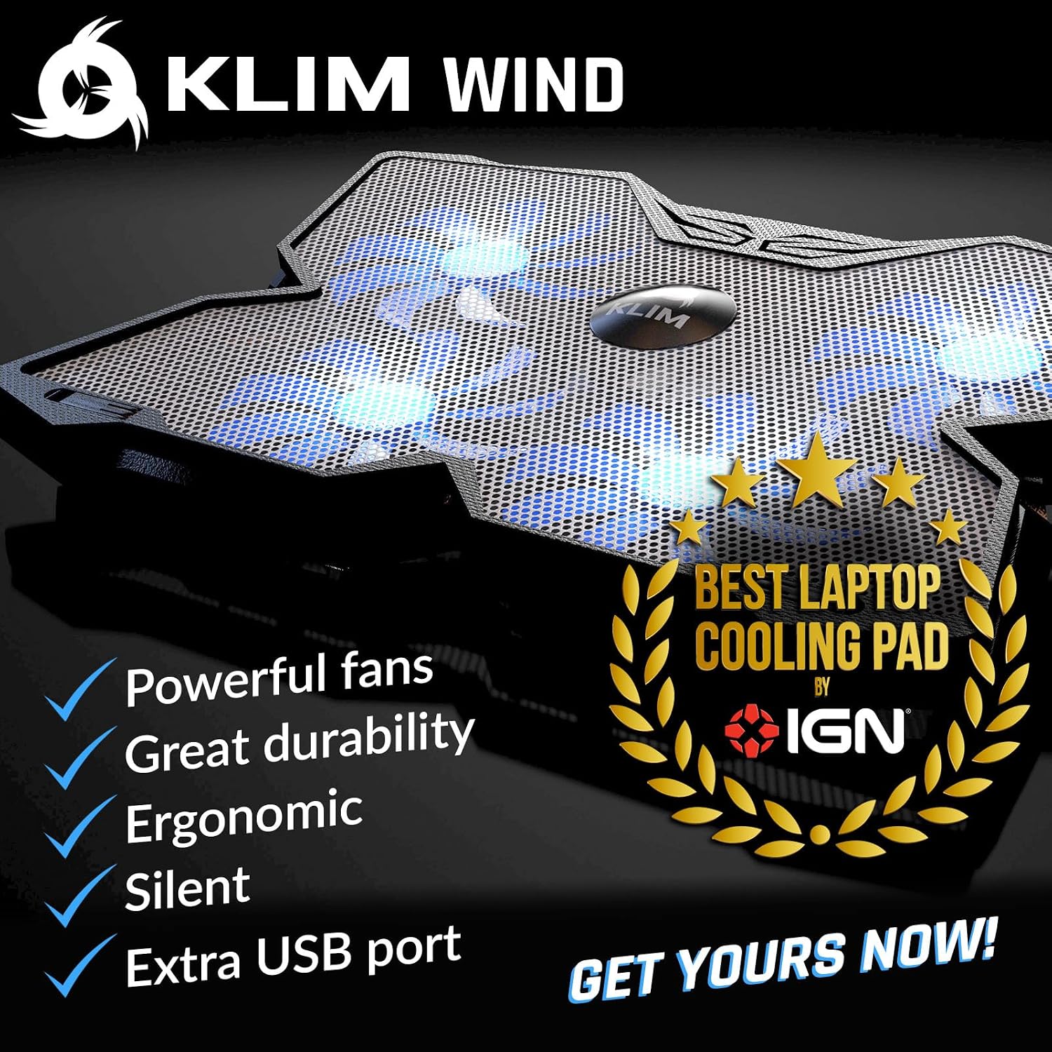 KLIM Wind Laptop Cooling Pad - More Than 500 000 Units Sold - New Version - The Most Powerful Rapid Action Cooling Fan - Laptop Stand with 4 Cooling Fans at 1200 RPM - USB Fan - PS5 PS4 - Blue