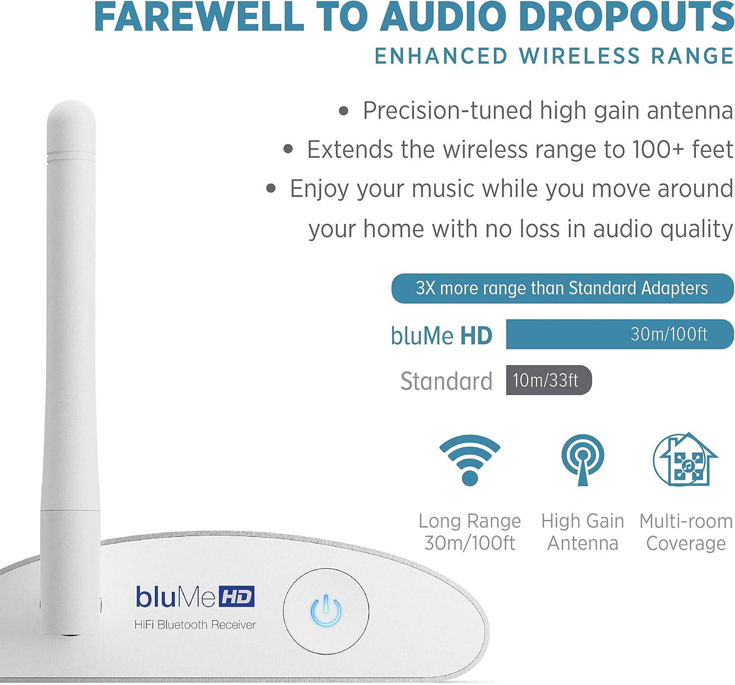 Blume HD Long Range Bluetooth 5.3 Music Receiver Hi-Fi Audio Adapter with Audiophile DAC, LDAC & AptX HD for Home Stereo, AV Receiver or Amplifier
