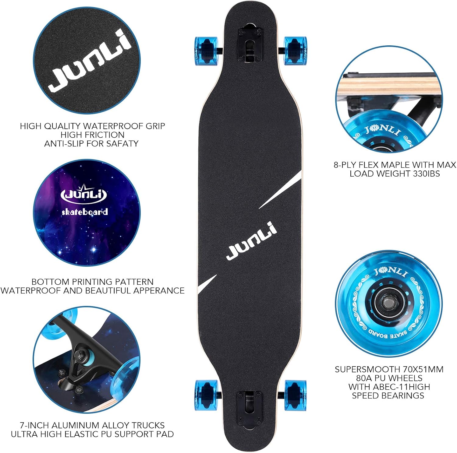 Junli 41 Inch Freeride Skateboard Longboard - Complete Skateboard Cruiser for Cruising, Carving, Free-Style and Downhill