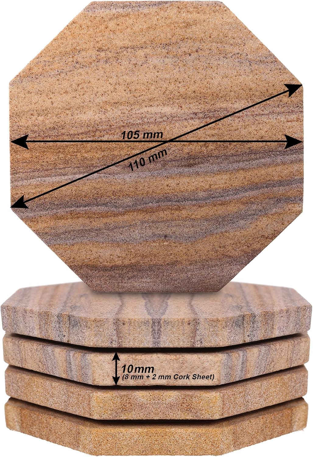 Sandstone Water Absorbent Hand Crafted Octagon Coasters with Holder for Drinks 4 Inches Wide Thirsty Stone Bar/Drink Coasters Made from Real Solid
