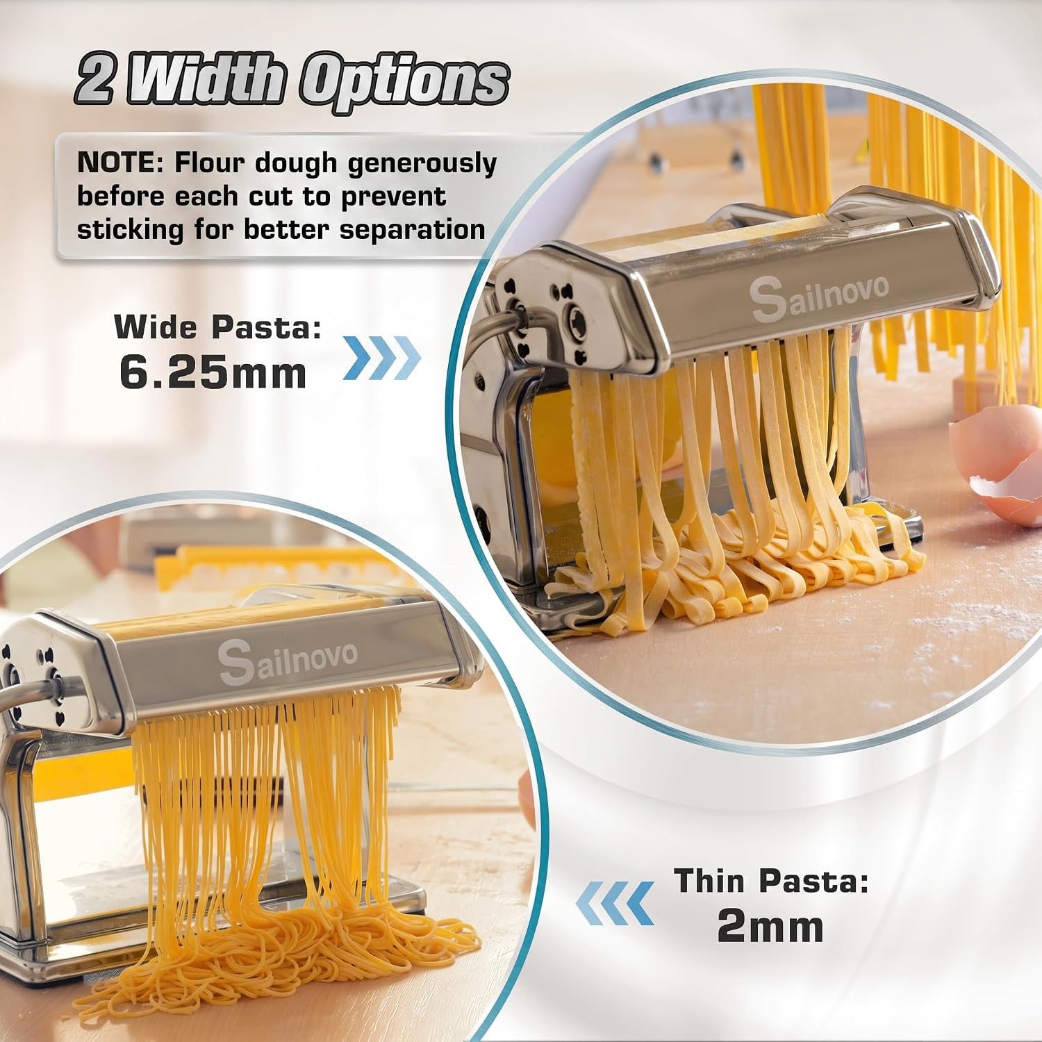 Sailnovo 3-in-1 Pasta Maker with 9-Setting Pasta Roller & Cutters