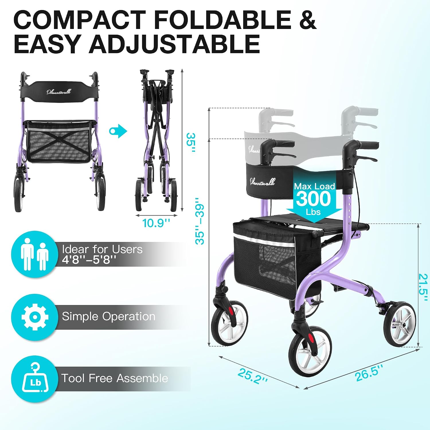 PLANET WALK Super Lightweight Rollator Walker for Seniors, Foldable Rolling Walker with Seat and 8" Rubber Wheels for All Terrain, Unique Design Aluminium Frame Sturdy Walkers for Traveling - Blue
