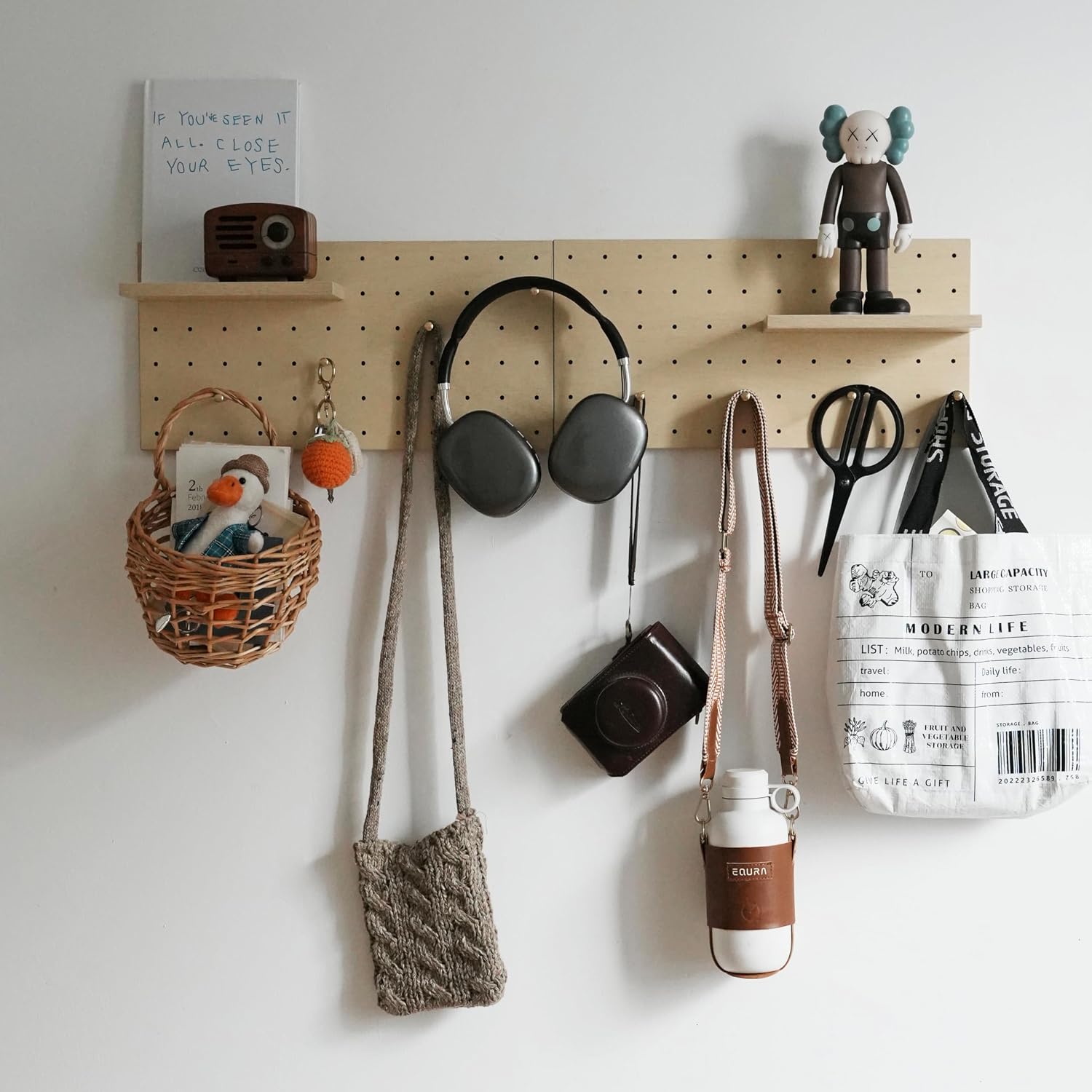 Wooden Pegboard Modular Display Organization Storage Wall Hooks Shelf(Color:Oak)