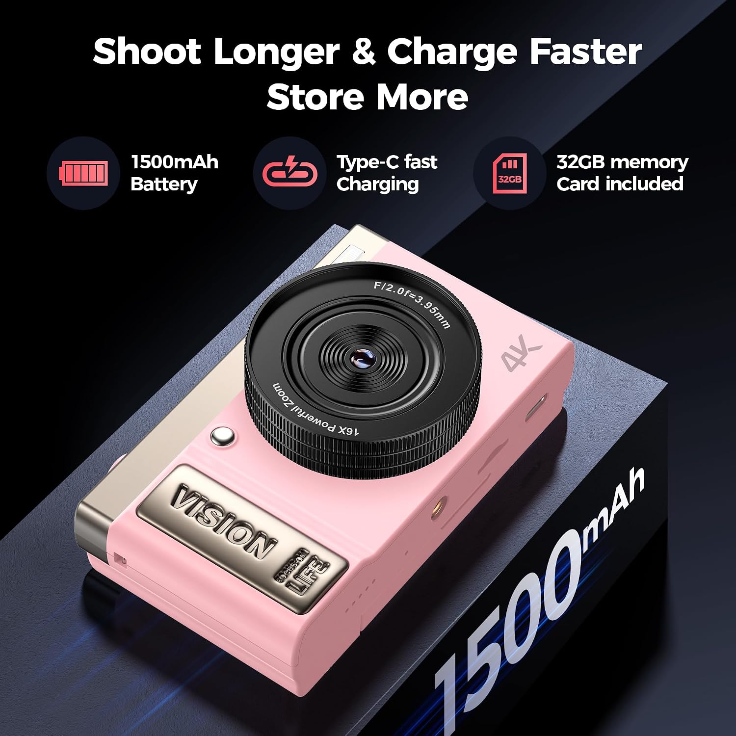 4K Digital Camera Pink for Girls Teens: 64MP Vlogging Camera with Flip Screen - 16X Zoom - Cute Compact Cam for Photography and YouTube –