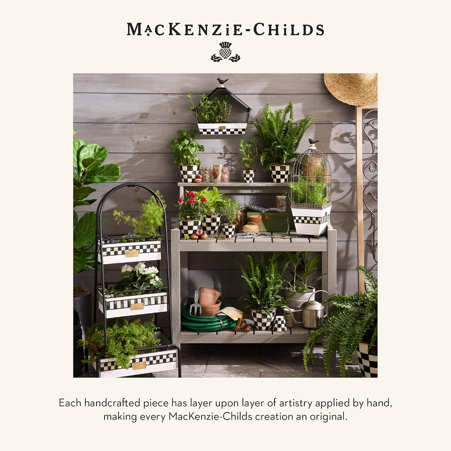 MACKENZIE-CHILDS Enamel Herb Pot Set, Small, Black-and-White Courtly Check | Hand-painted design, small plant pots for herbs or flowers, 8-ounce capacity per pot, set of 3