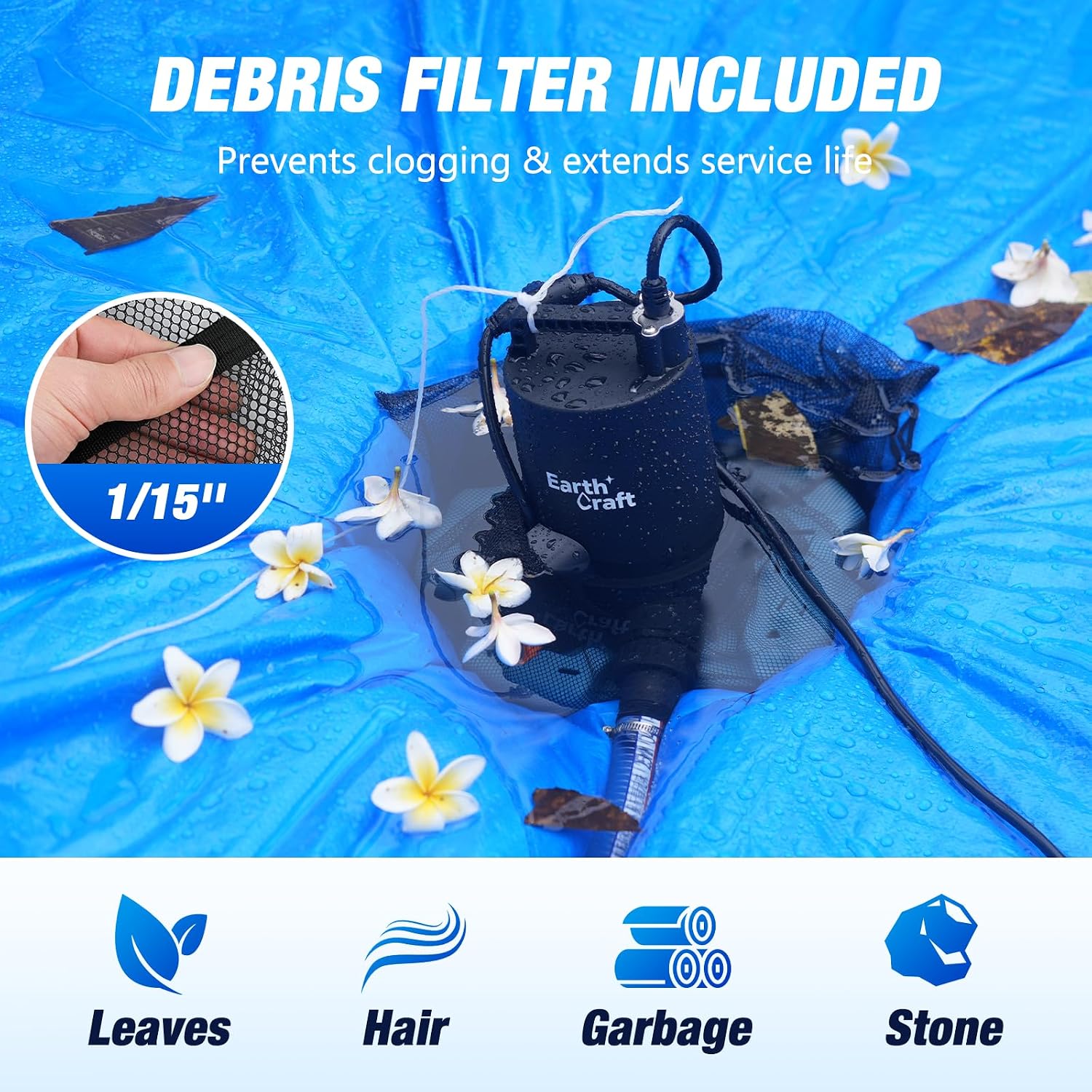 1/4 HP Pool Cover Pump, Automatic On/Off 2774 GPH Submersible Water Pump with 25FT Power Cord, Check Valve & Hose Adapters for Swimming Pools