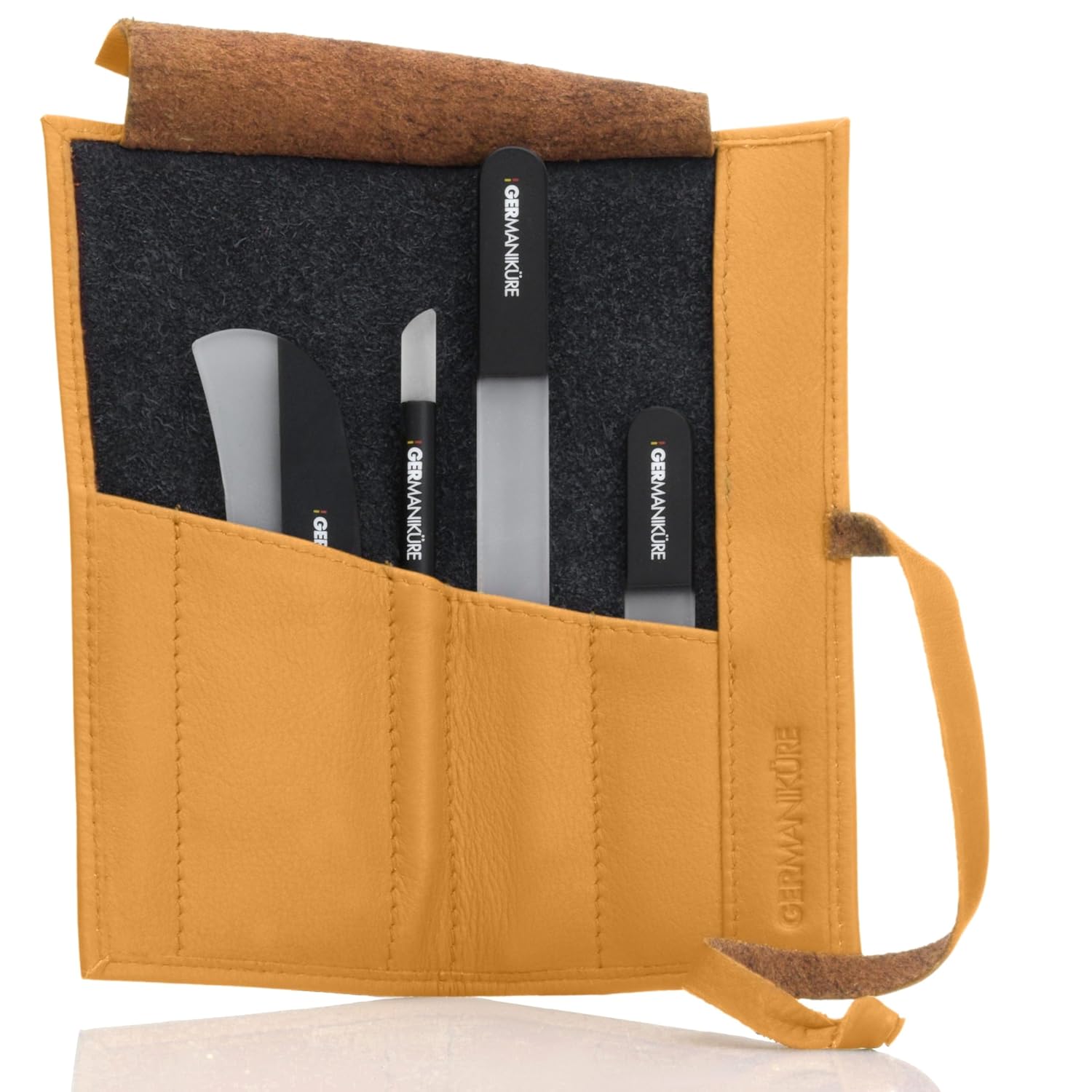 GERMANIKURE 4pc Manicure Nail Care Kit, Solingen Germany, Yellow Suede Roll