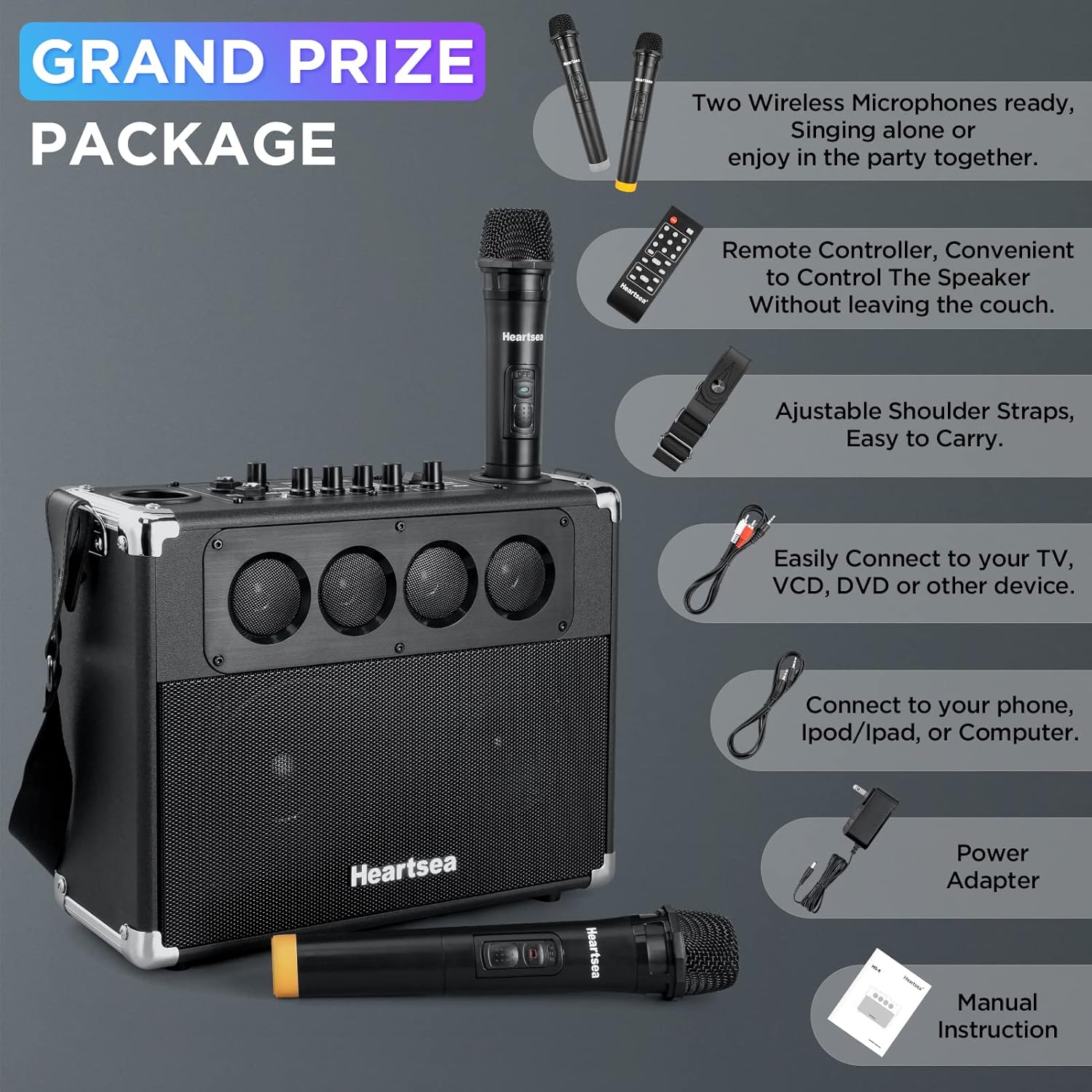 HEARTSEA Portable Karaoke Machine with Wireless Mics, Bluetooth Speaker | 3-Way Sound, TWS Stereo Pairing, Guitar Input, USB/AUX