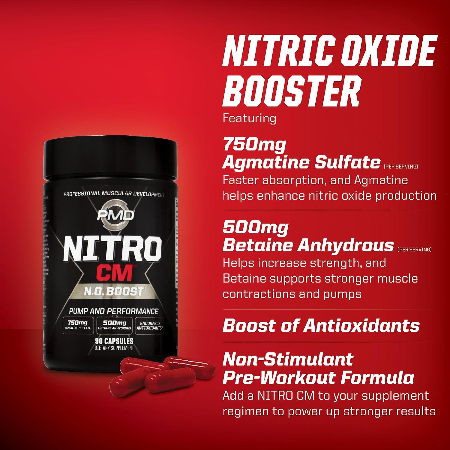 PMD Sports Nitro CM Nitric Oxide with Agmatine Supplement - 90 Capsules | Muscle Growth Support, Muscle Pump, L-Arginine, Endurance Antioxidants Boost, Hardcore Training and Bodybuilding Support