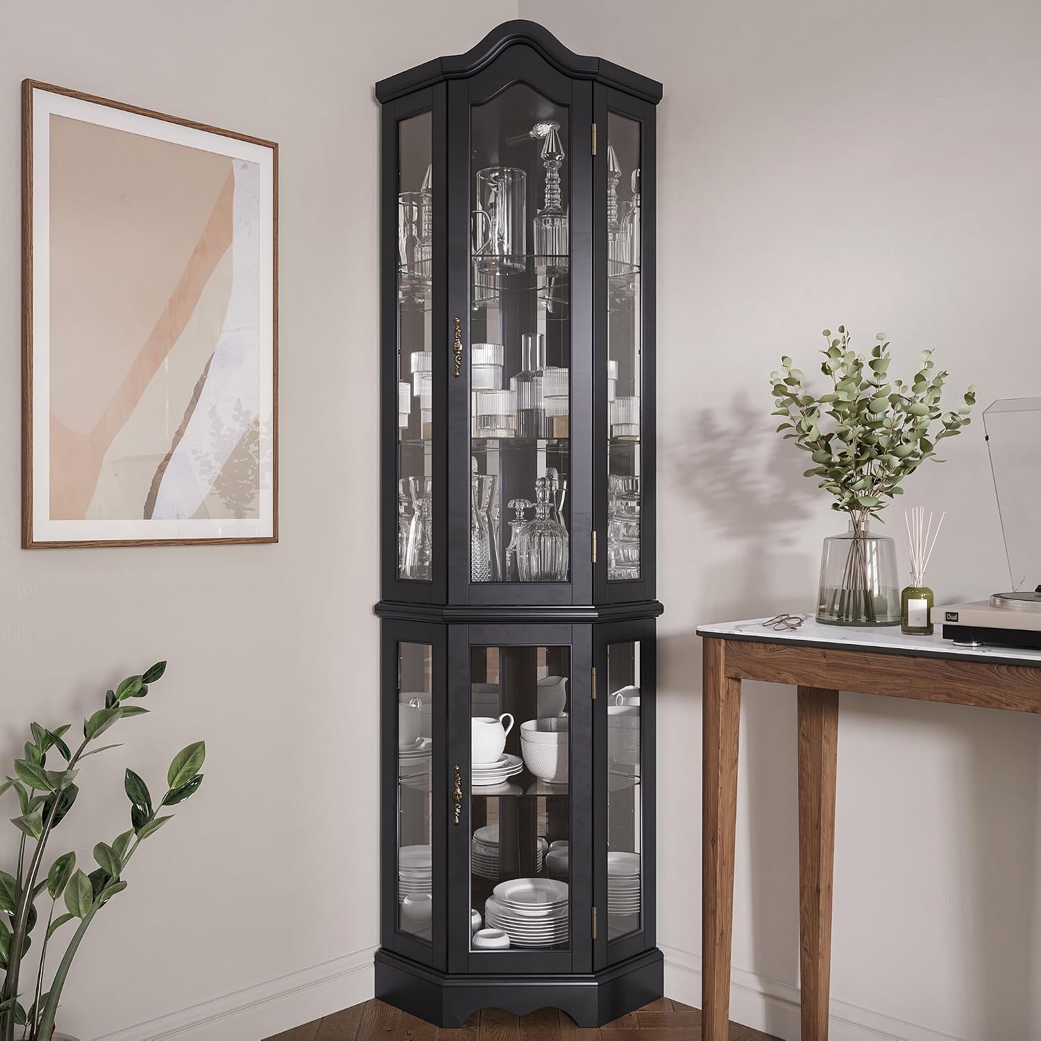 BELLEZE Lighted Corner Display Curved Top Curio Cabinet Wooden Shelving Unit with Tempered Glass Door