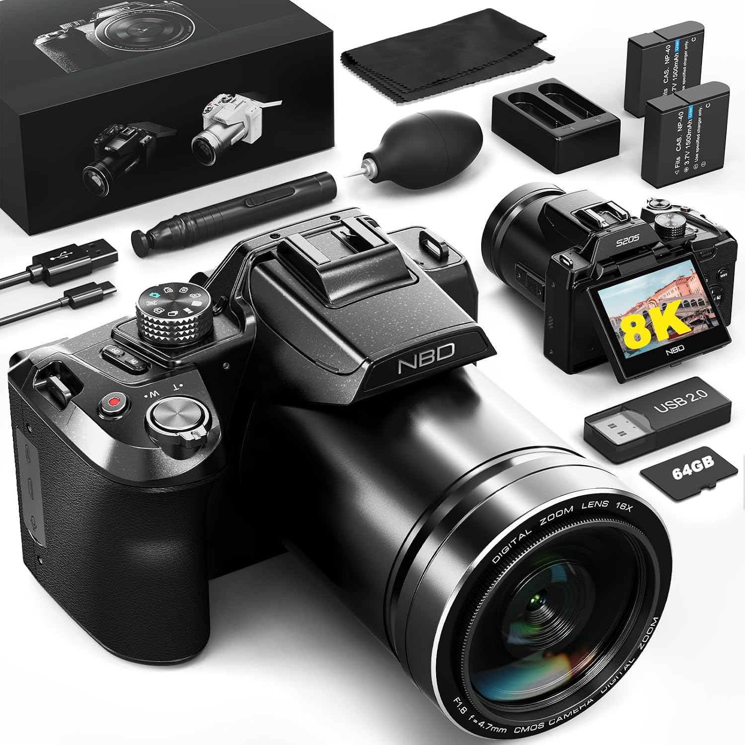 64MP 8K Cameras for Photography with 2.8" Flip Screen & Hot Shoe, 16X Zoom, WiFi, Autofocus – Vlogging Camera for YouTube