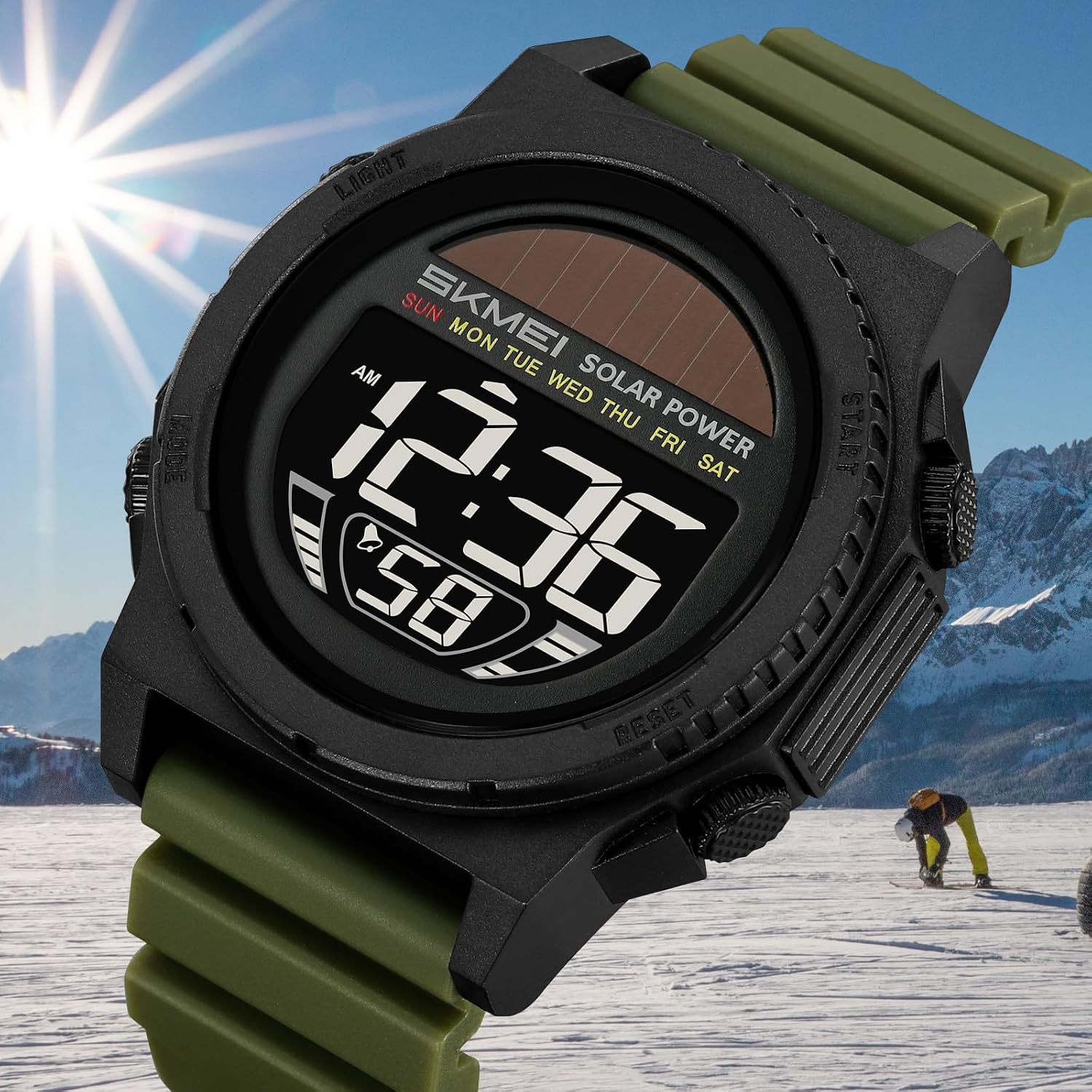 MASTOP Solar Powered Energy Watch for Men Military Digital Multifunctional Led Luminous Indication 2 Time Zone 50m Waterproof Watch Reloj Solar para Hombre