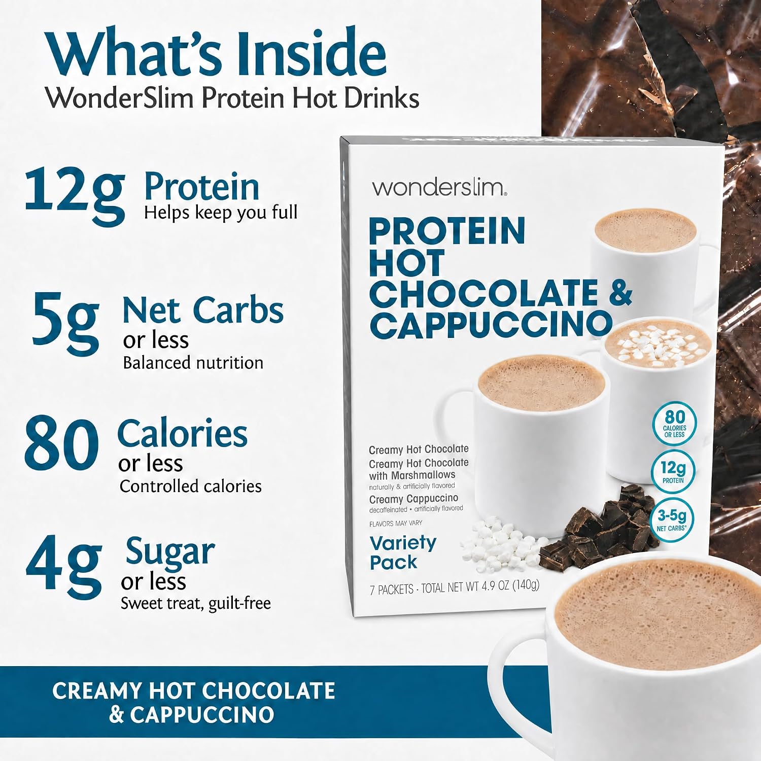Wonderslim Protein Coffee Drink Mix with Casein Protein – 7 ct (Cappuccino) | With Collagen, 12g Protein, 70 Calories, Low Sugar, 3g Net Carbs, Keto Friendly, Gluten Free, GLP-1 Friendly Coffee Drink Mix