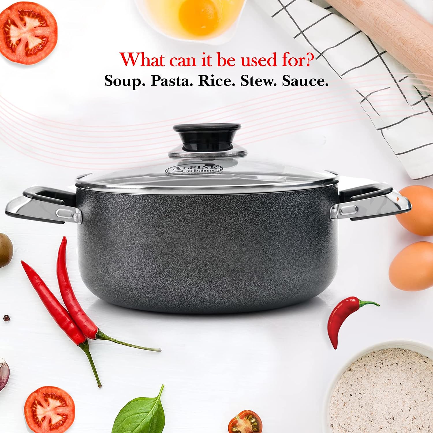 Alpine Cuisine 4 Quart Non-stick Stock Pot with Tempered Glass Lid and Carrying Handles, Multi-Purpose Cookware Aluminum Dutch Oven for Braising, Boiling, Stewing