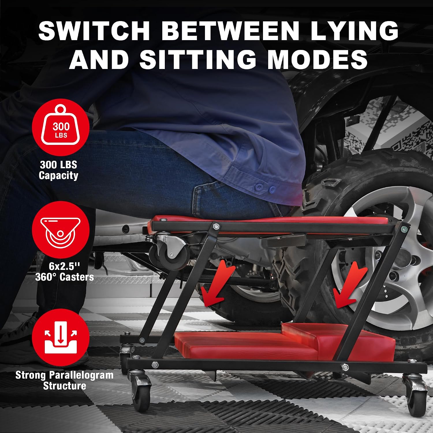 BIG RED 36" Rolling Garage Creeper, Shop Creeper Blow Molded Plastic Mechanic Cart with Padded Headrest with 4 Casters,350 LBS, Black,TR6240-P Torin