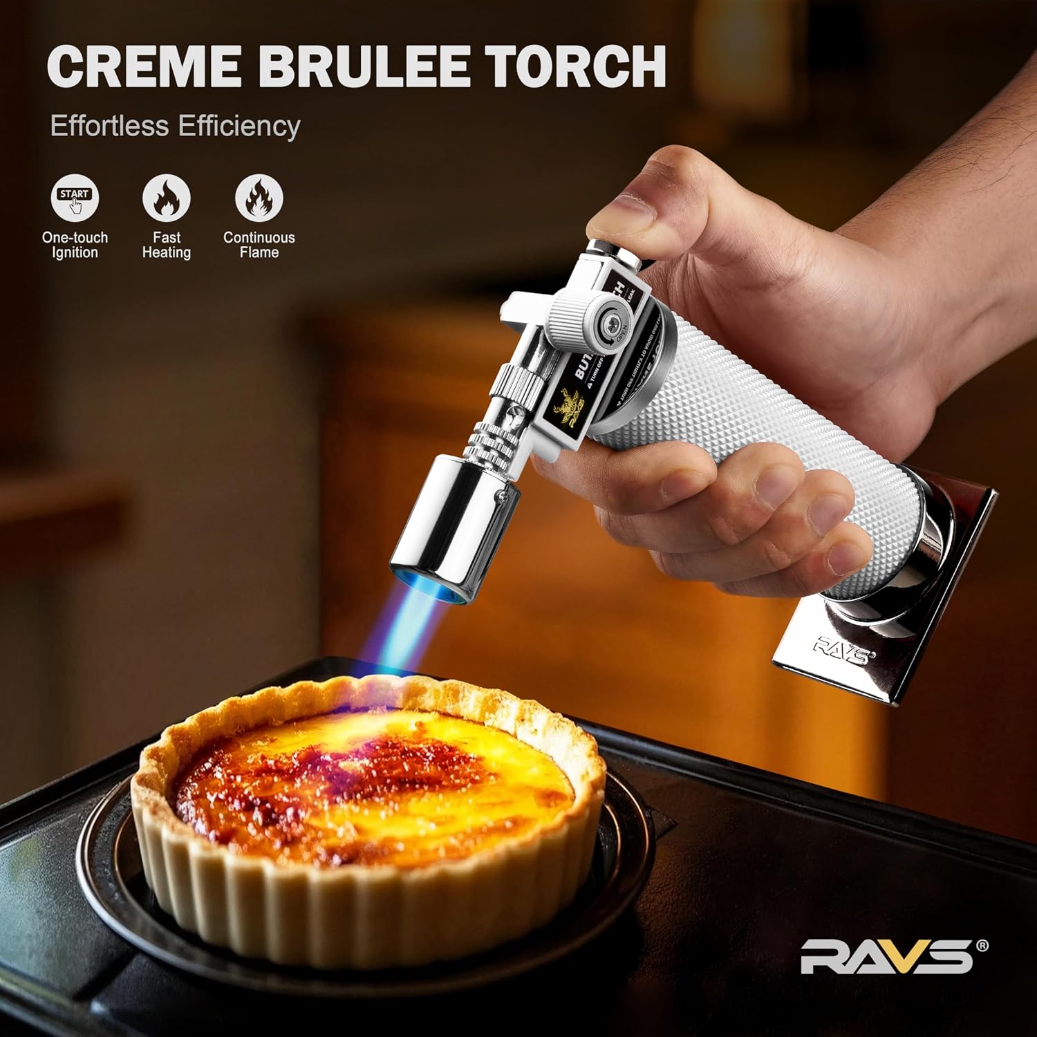 RAVS Butane Torch Lighter, Premium Metal Kitchen Torch with Adjustable Flame & Safety Buckle, Refillable Creme Brulee Torch for Baking, BBQ, DIY
