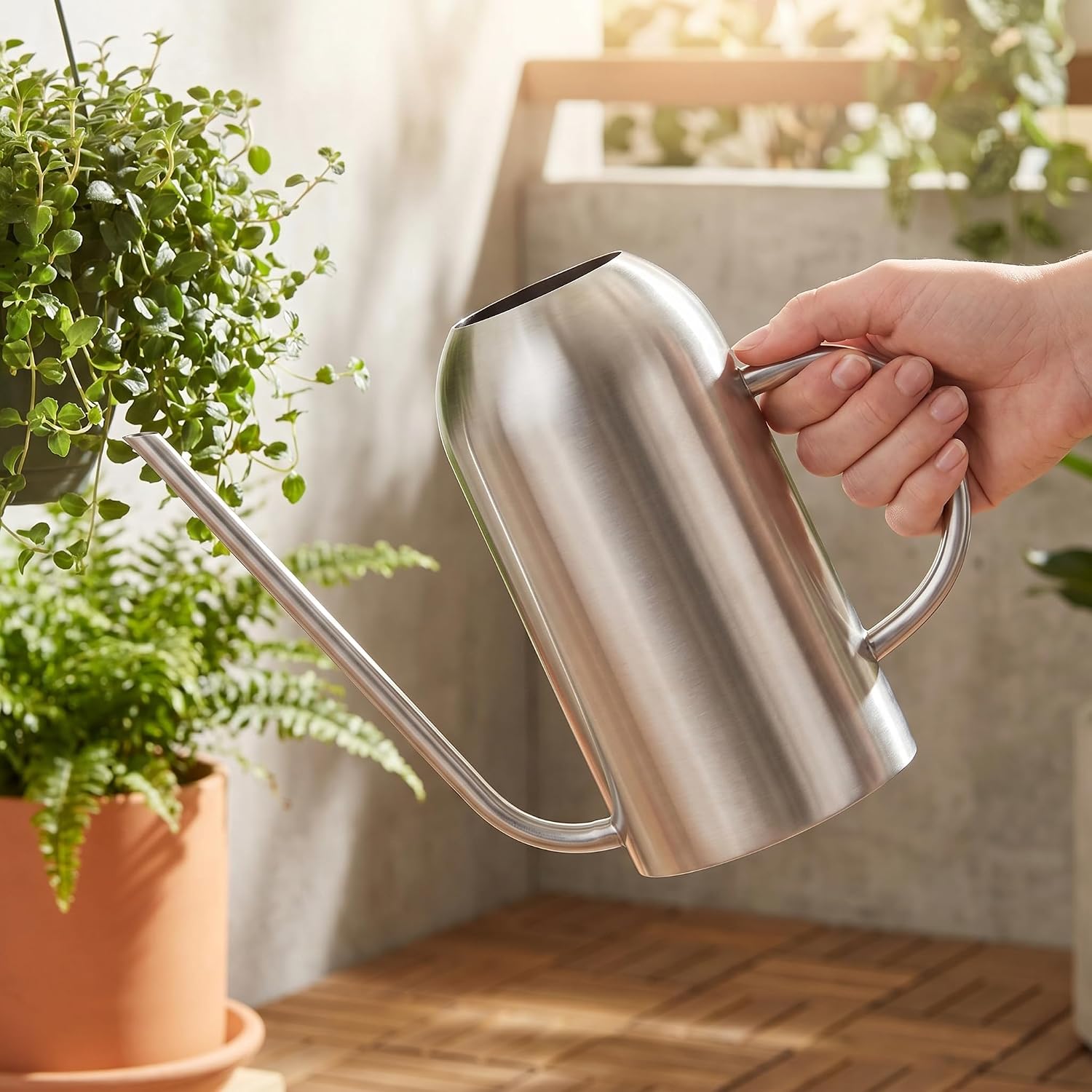 Fasmov Stainless Steel Watering Can with Long Spout Modern Style Watering Pot, 53oz/1.5L