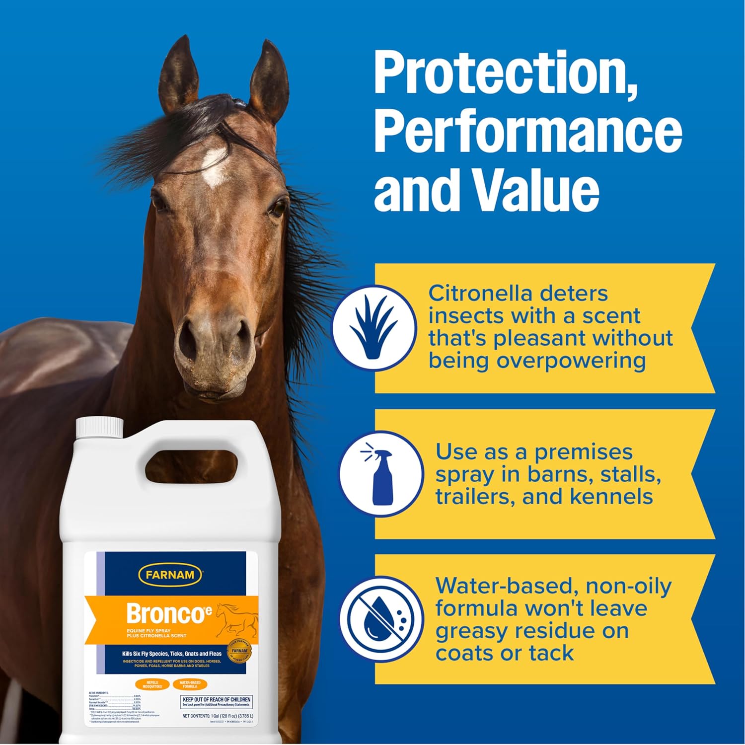 Farnam Bronco E Fly Spray for Horses, Dogs & Premises 128 oz Refill | Kills & Repels Stable, Horse, Deer, House & Horn Flies, Mosquitoes, Fleas, Chiggers, Ticks, Lice & Gnats