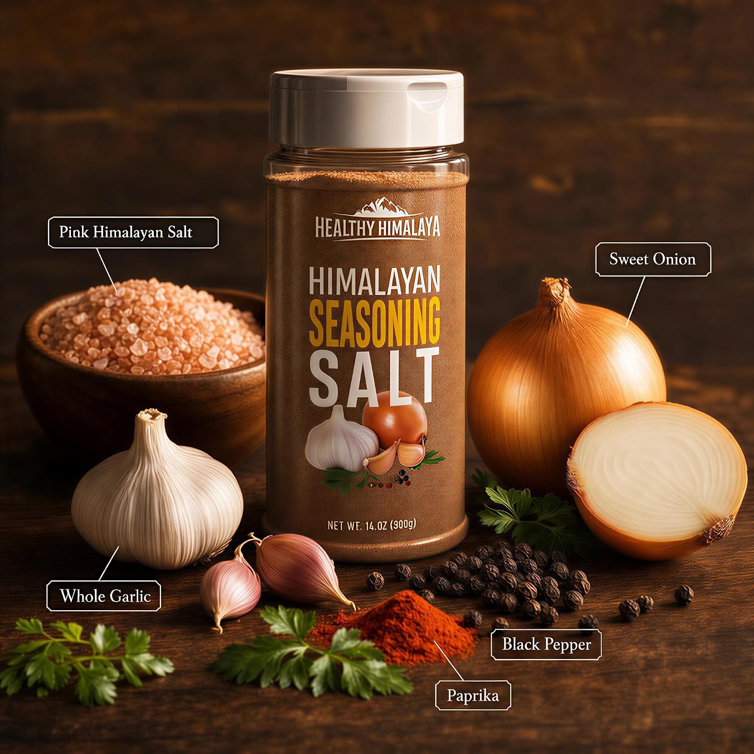 Himalayan Seasoning Salt with Pepper, Garlic, and Onion – Natural Himalayan Pink Salt for Grilling, Cooking, and Finishing – 14 oz Shaker