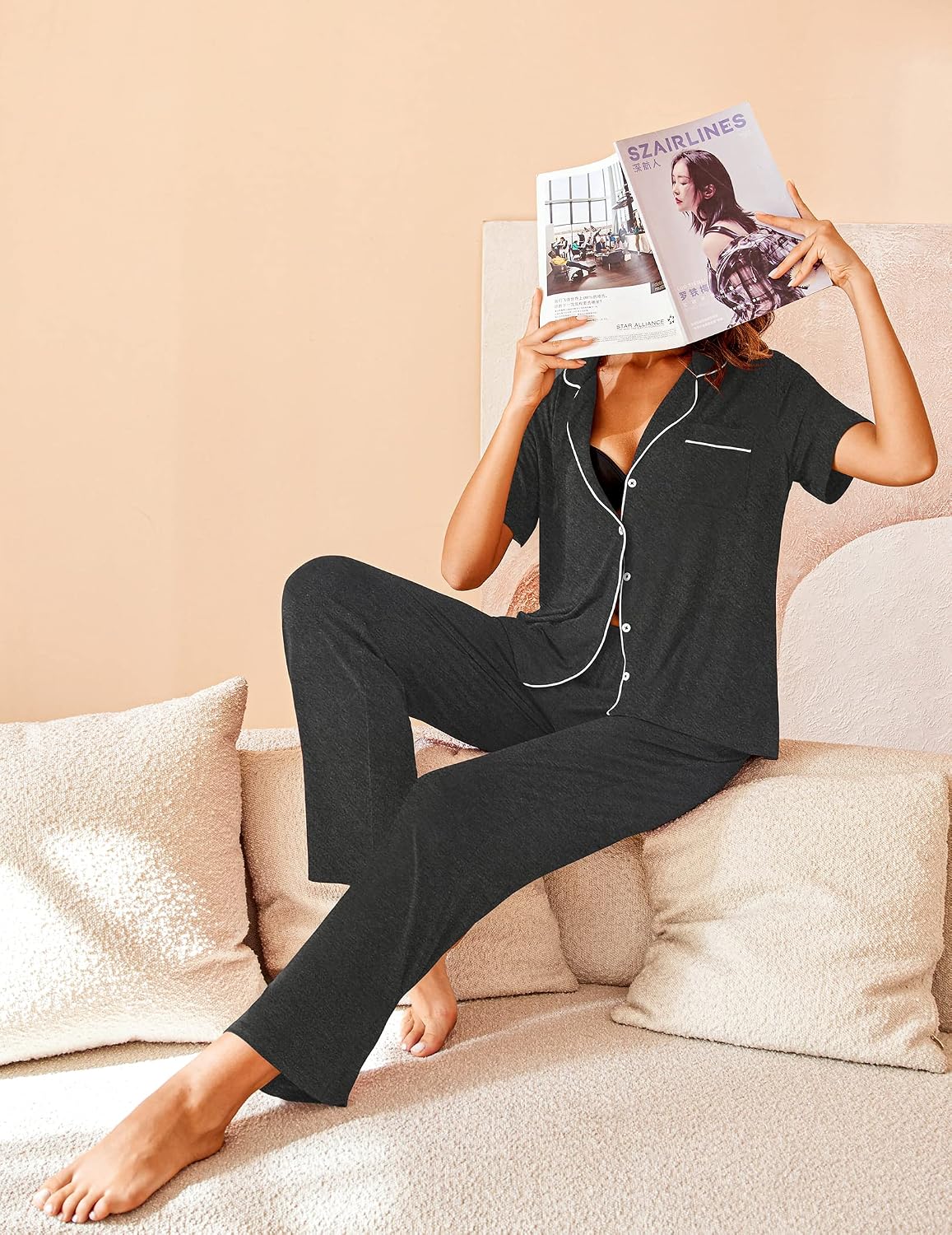 Avidlove Women Pajamas Set Notch Collar Soft Sleepwear Pjs Short Sleeve Button Down Nightwear with Long Pants