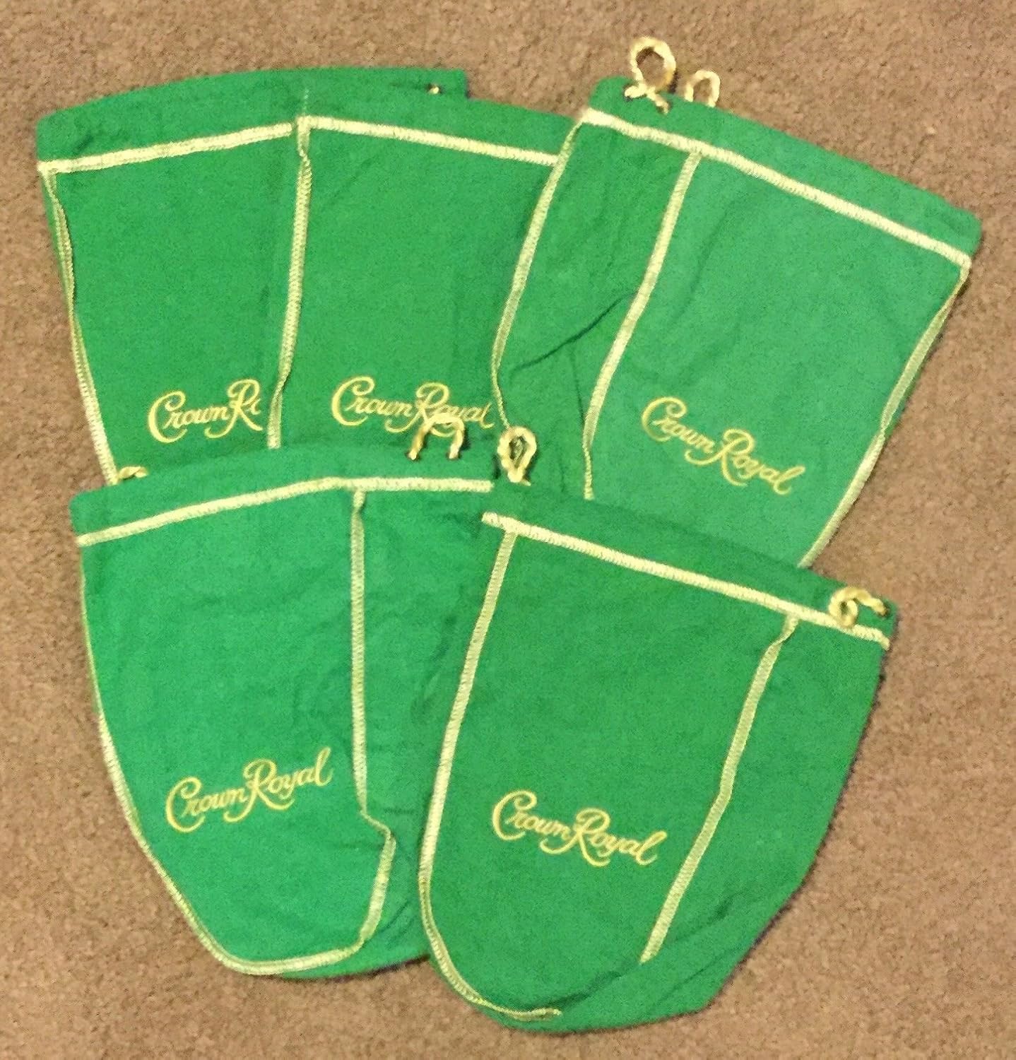 Pack of 5 Green Crown Royal Bags w/Gold Drawstrings from 1 Liter Bottles (9 inch x 5.5 inch) for Gift Bags