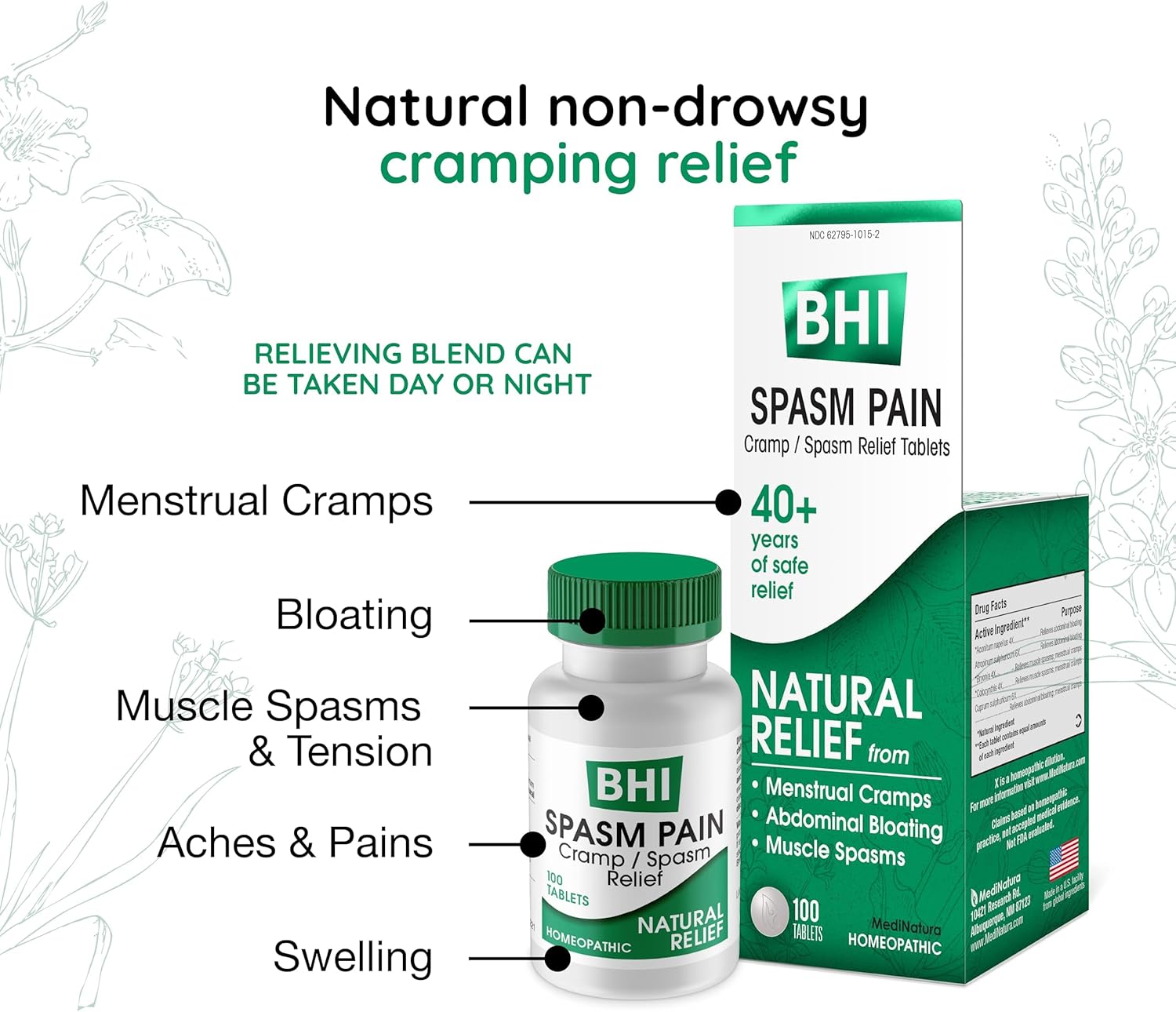 MediNatura BHI Spasm/Cramp Relief - Muscle Spasm Tablets for Full-Body Cramp Support - Menstrual Support - Non-Drowsy - Quick-Dissolve