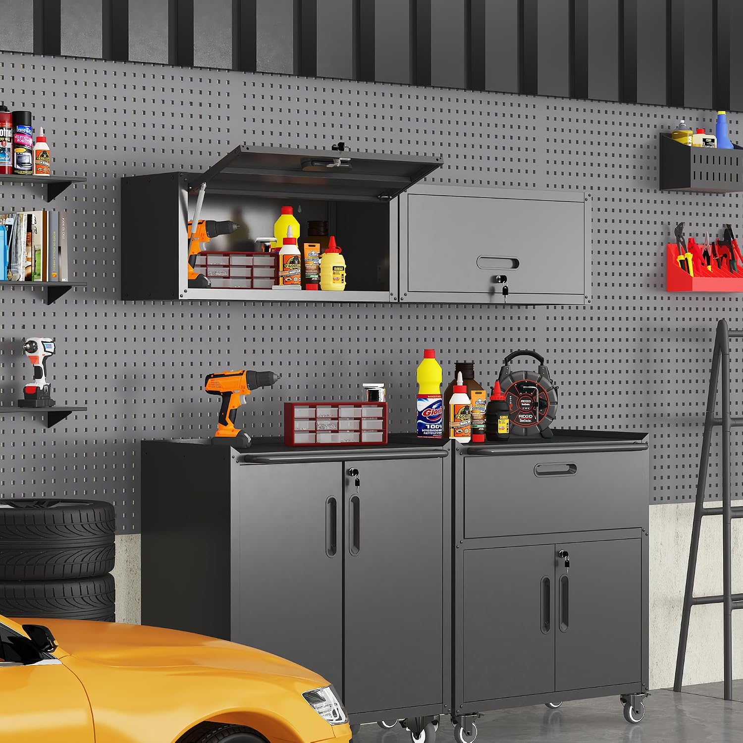 Garage Cabinets,Metal Garage Storage Cabinet with Wheels,Black Lockable Rolling Tool Cabinet with Drawer and Adjustable Shelves,Heavy Duty Tool Chest for Home Office Utility Room