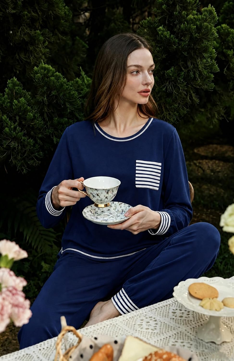 SWOMOG Women’s Pajamas Set Long Sleeve Sleepwear with Long Pants Soft Modal Loungewear Pj Set