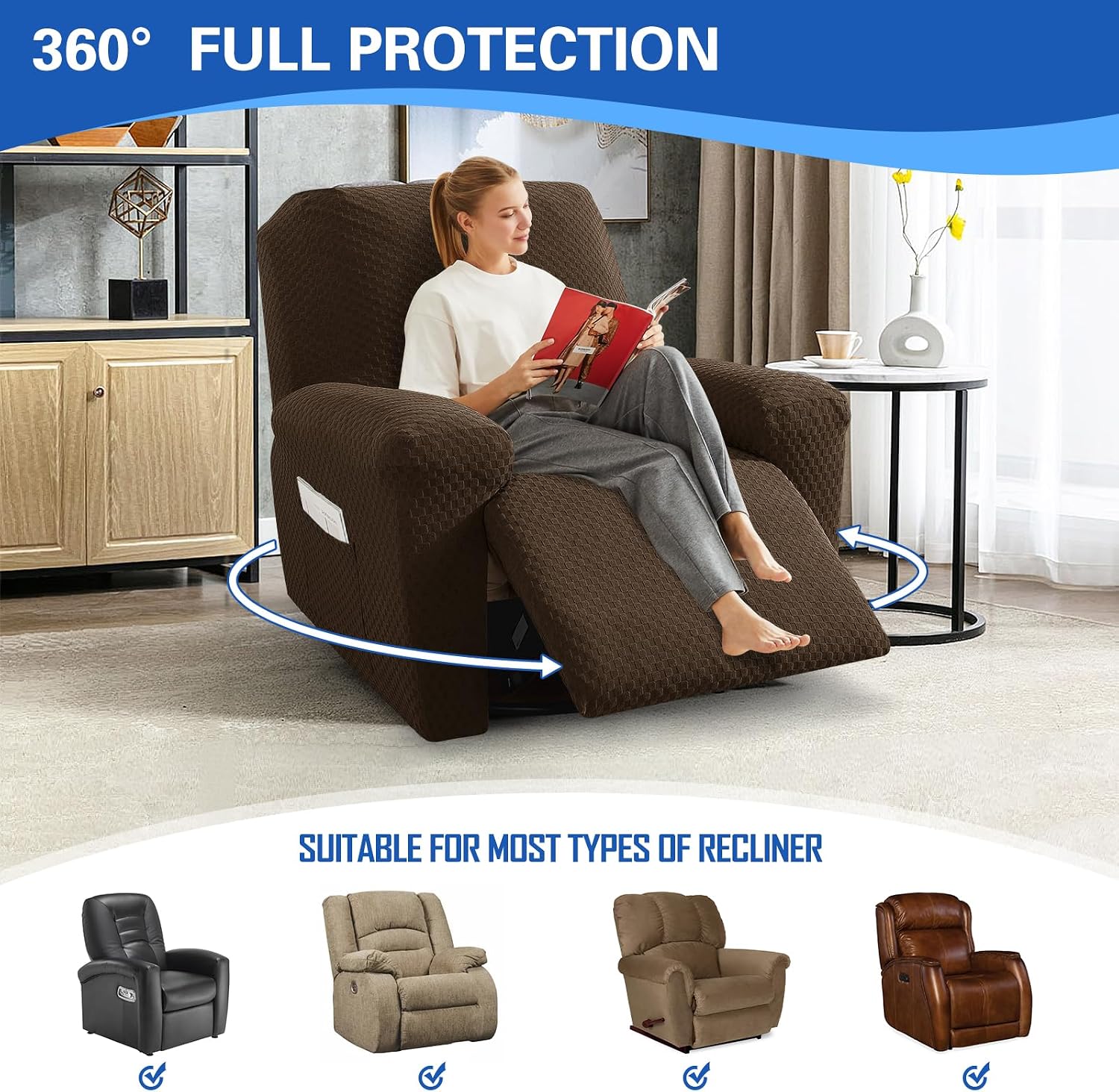 MAXIJIN Latest Recliner Slipcovers for Living Room 4 Pieces Stretch Jacquard Recliner Chair Cover Soft Fitted Recliner Protector with Elastic Bottom